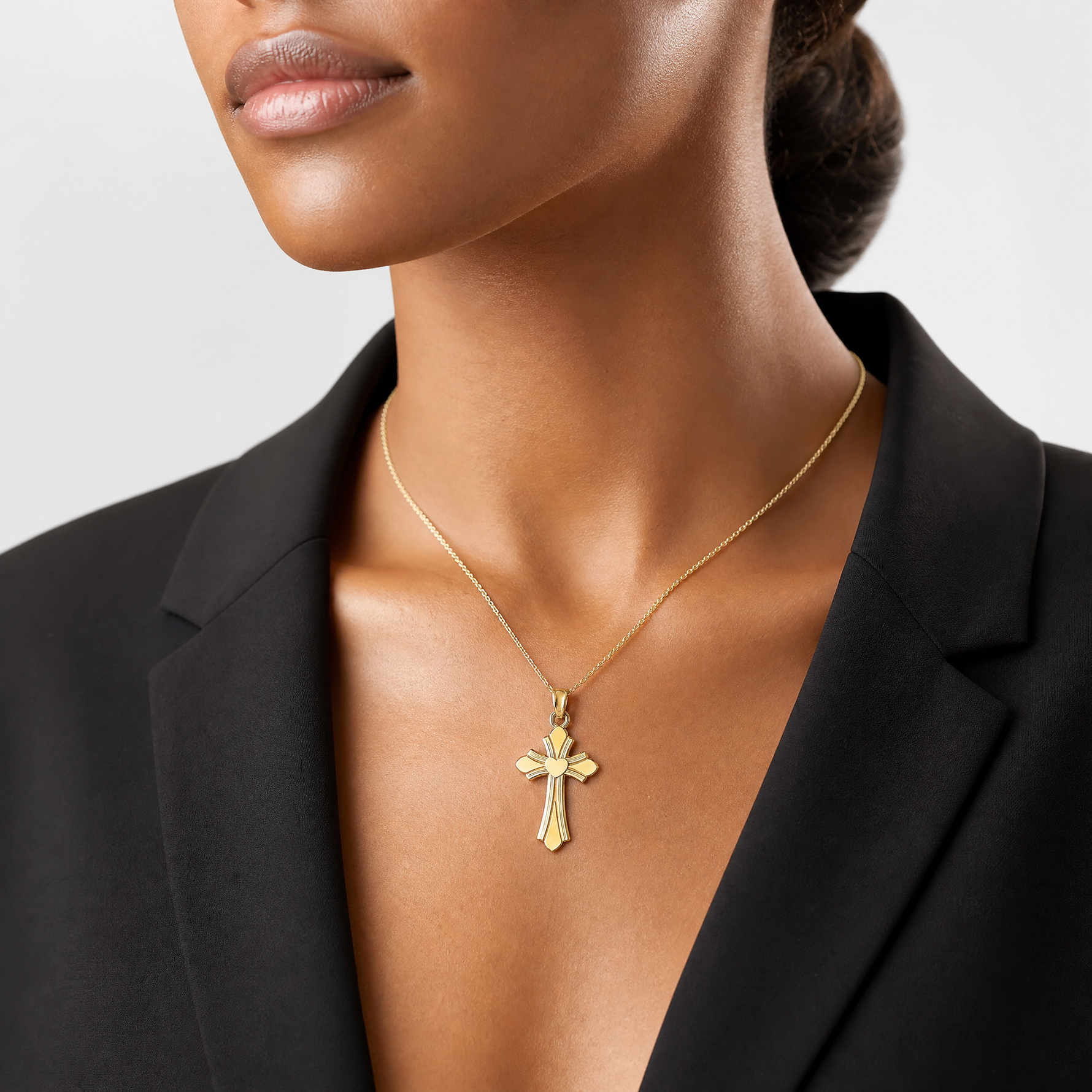 14K Polished Cross w/ Heart Charm - Model Shot