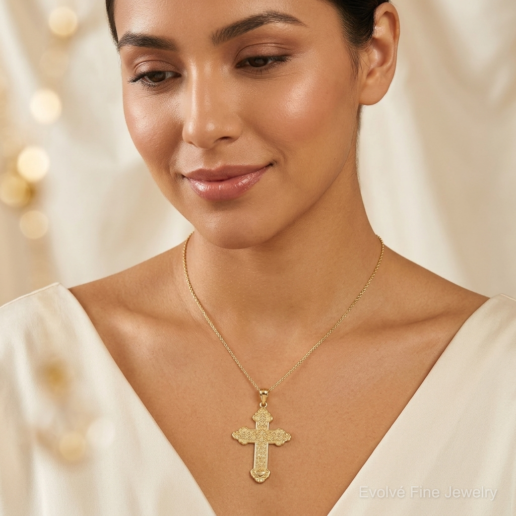 14K Flower Center Scroll Cross Charm - Model Shot