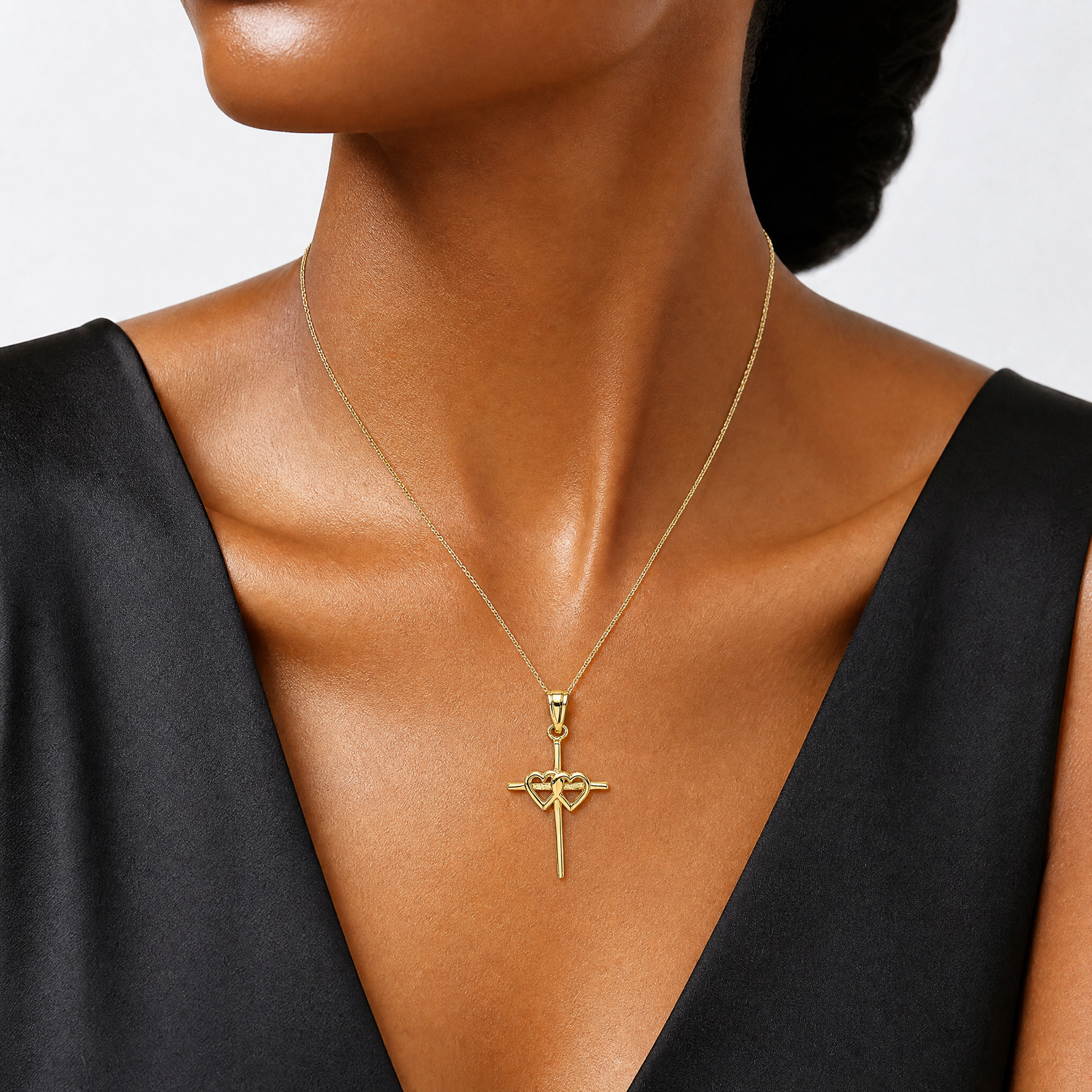 14K Polished Double Hearts On Stick Cross Charm - Model Shot