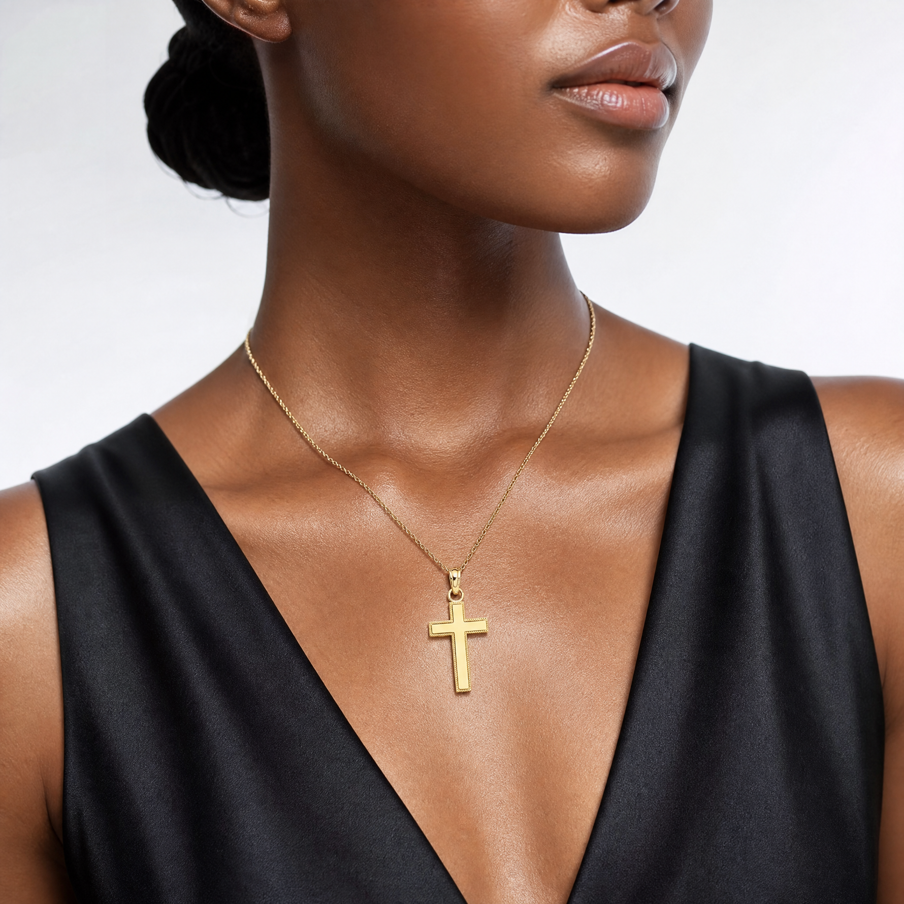 14K Polished Block Style Beaded Edge Cross Charm - Model Shot