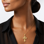 14K Cross W/ Scroll Tips and Button Center Charm - Model Shot