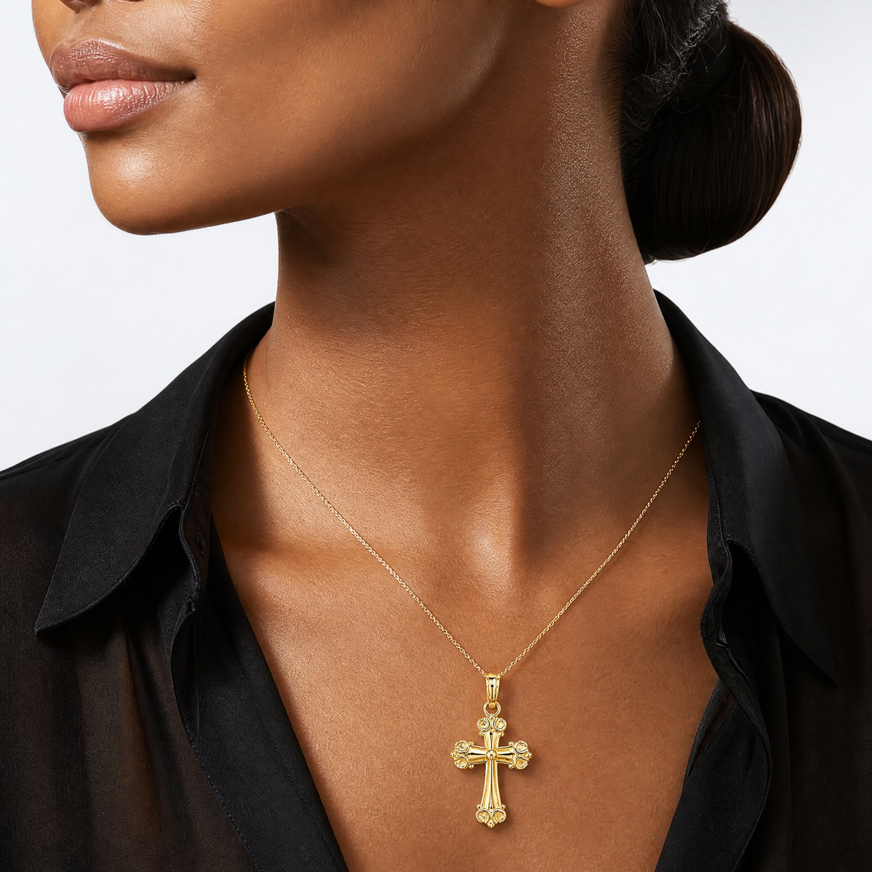 14K Cross W/ Scroll Tips and Button Center Charm - Model Shot