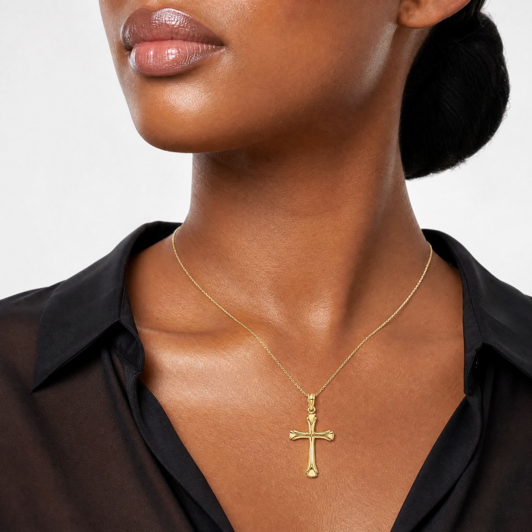 14K Polished Beveled Cut-out Cross Pendant - Model Shot