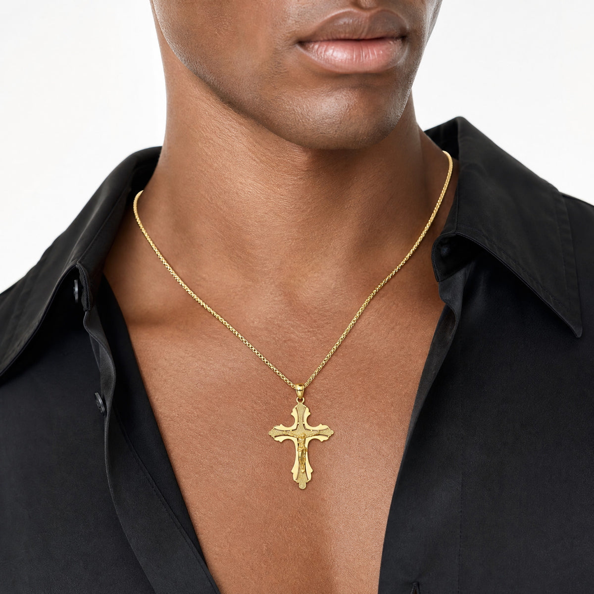 14K Textured Cut-Out Crucifix W/Budded Tips Charm - Model Shot
