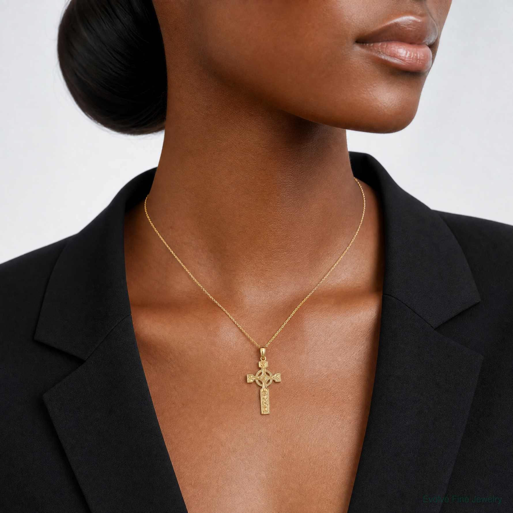 14K Engraved Celtic Cross w/ Eternity Circle Charm - Model Shot