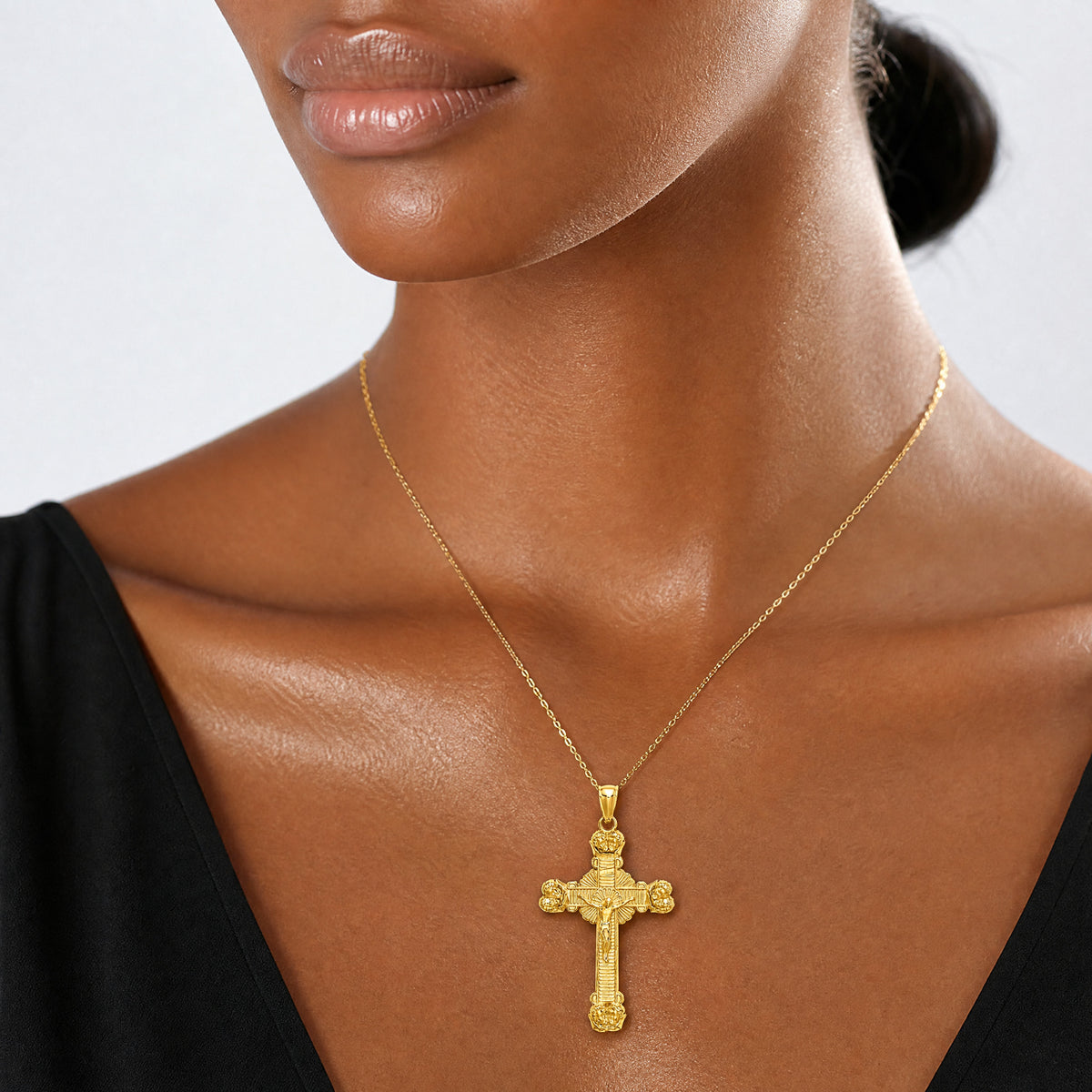 14K Crucifix W/ Sunburst Charm - Model Shot