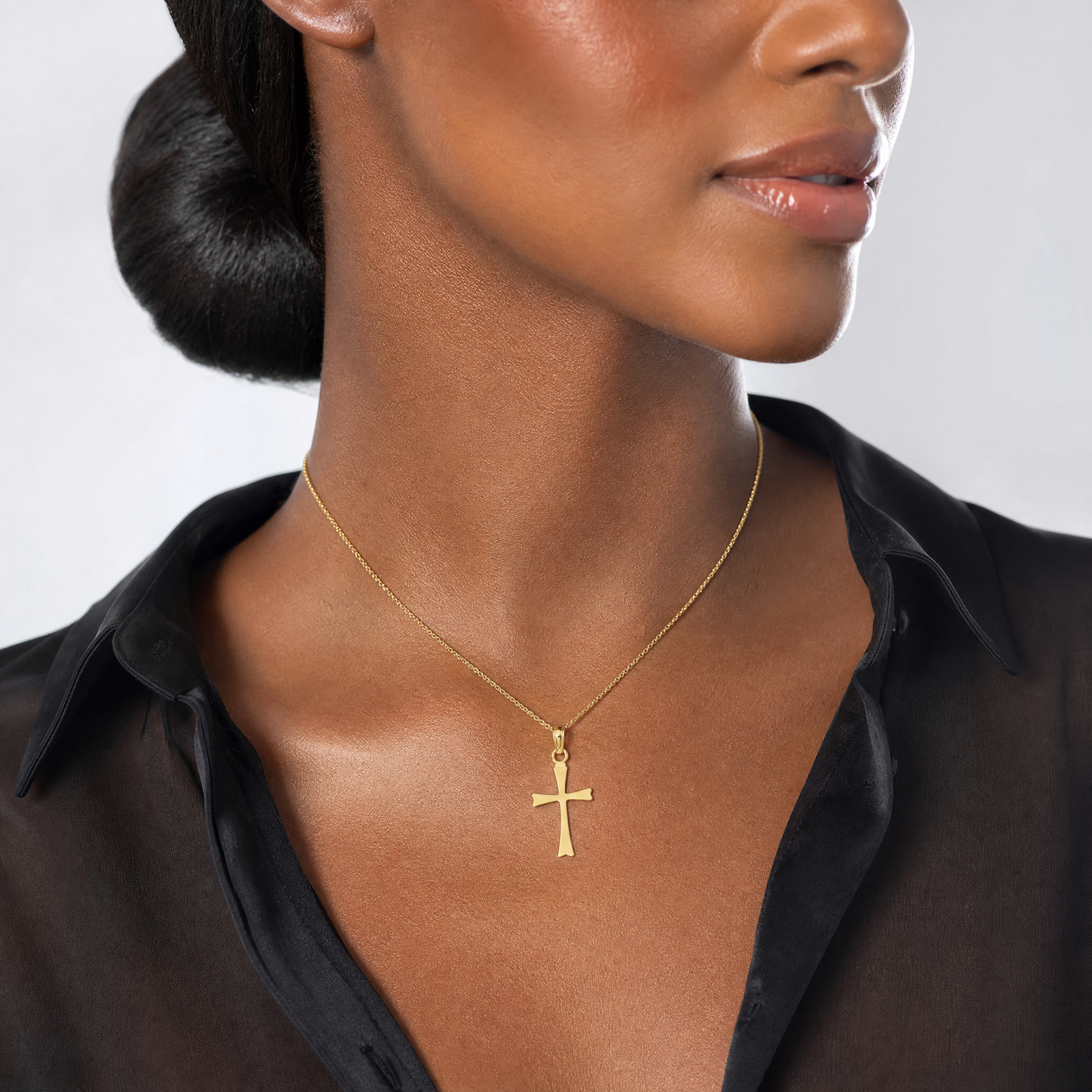 14K Polished Cross Charm - Model Shot