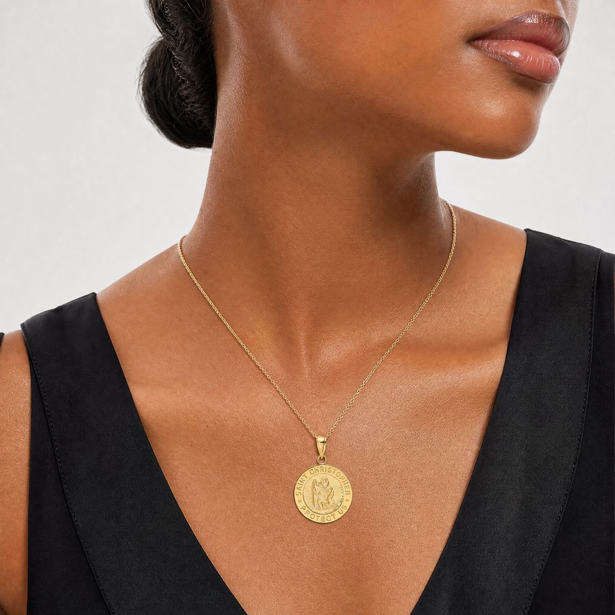 14K Polished / Satin Saint Christopher Medal Charm - Model Shot