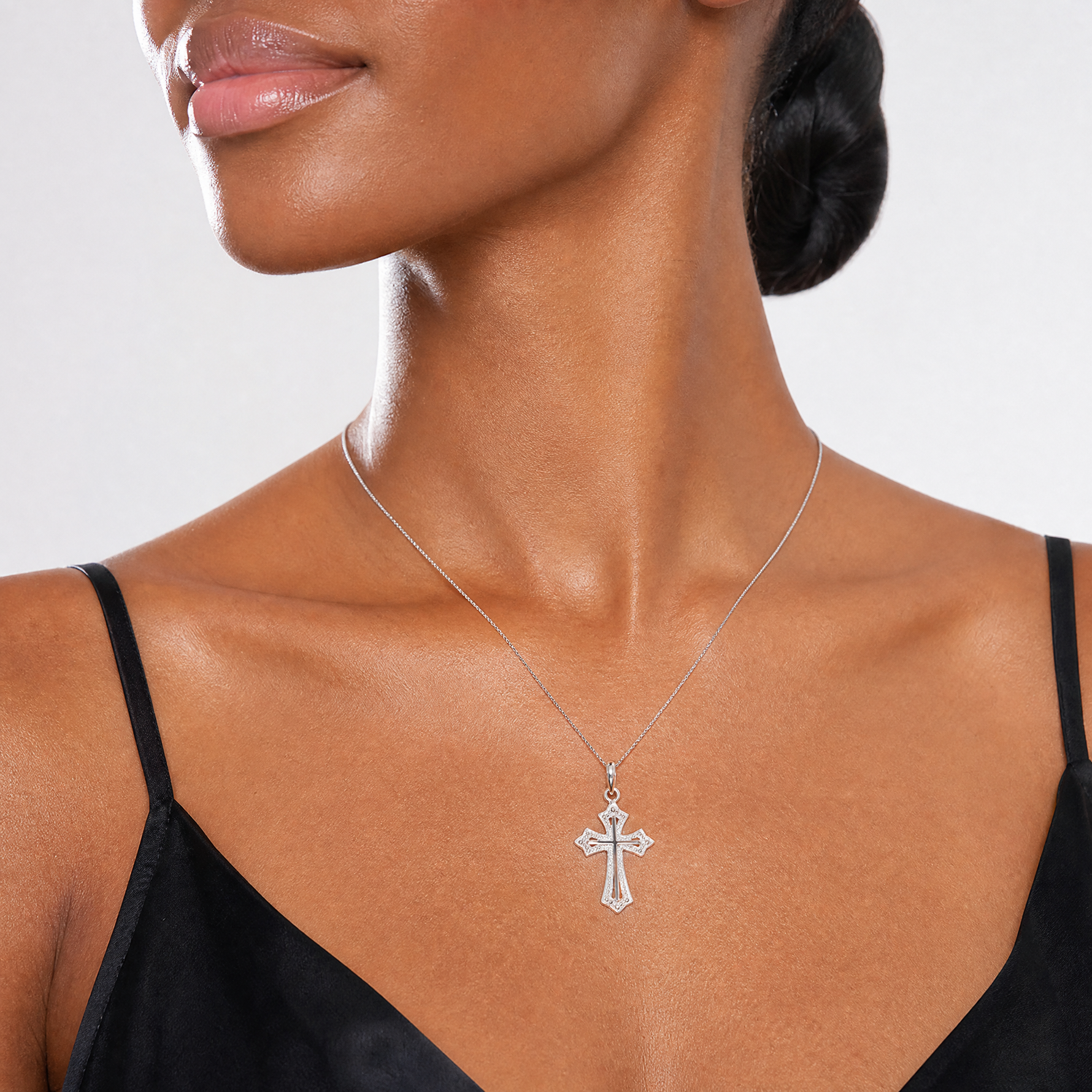 14K White Gold Beaded Cross Charm - Model Shot