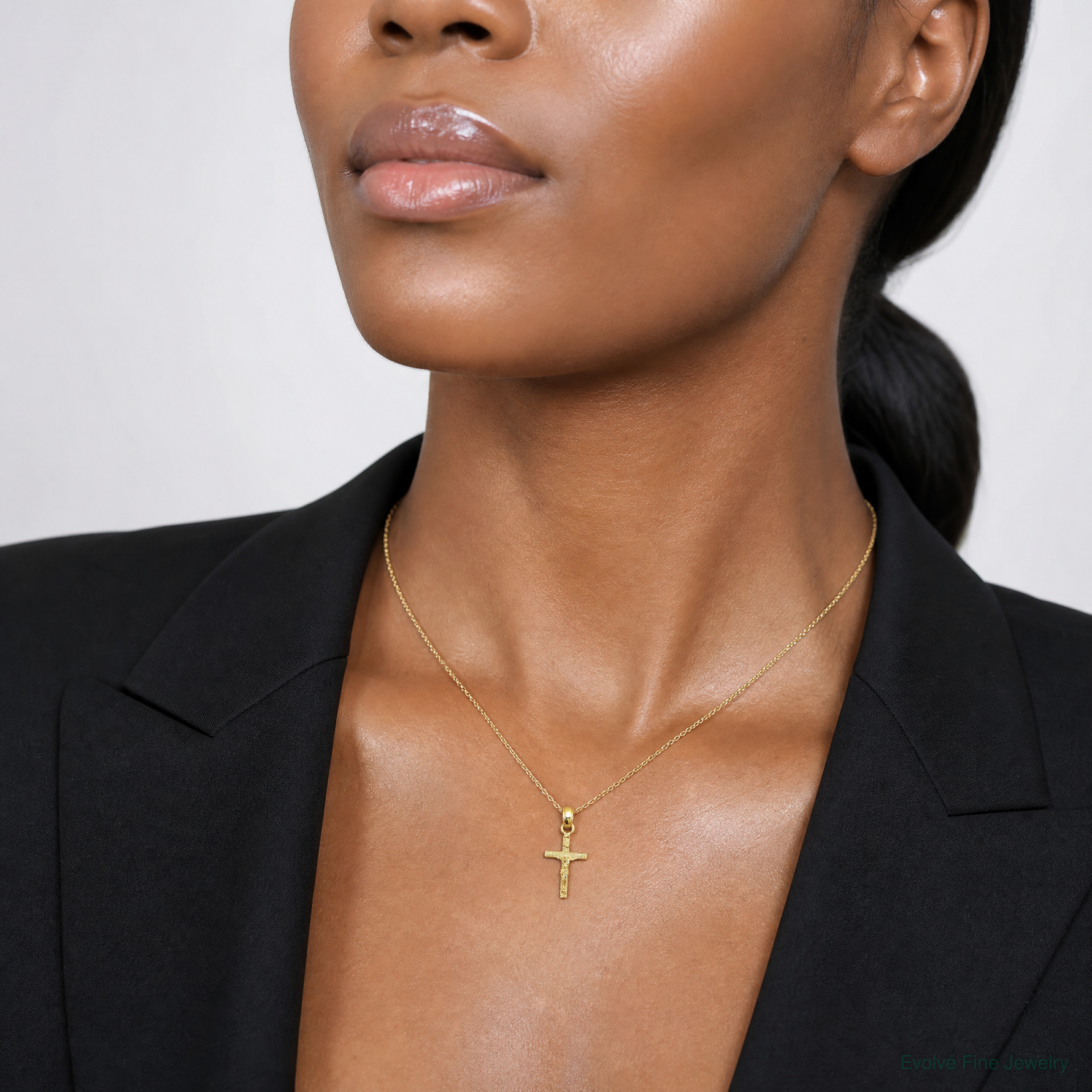 14K Mini Crucifix Charm - Model Shot