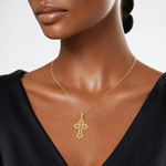 14K Lace Center Budded Cross Charm - Model Shot