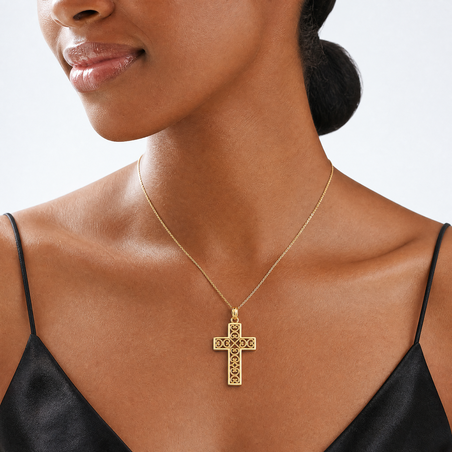 14K Polished Square Cross w/ Heart Design Charm - Model Shot