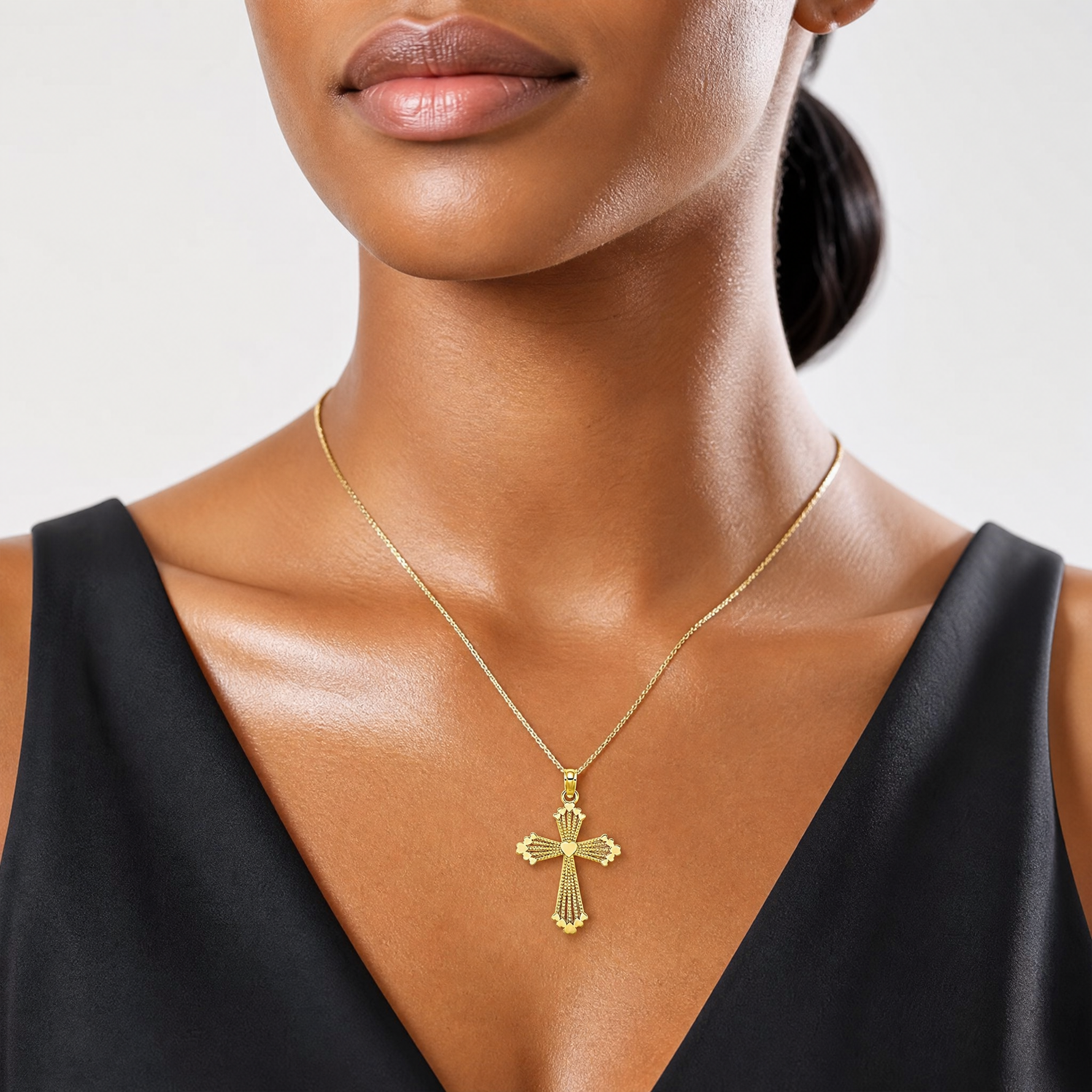 14K Cut-Out Stripes Cross w/ Heart Charm - Model Shot