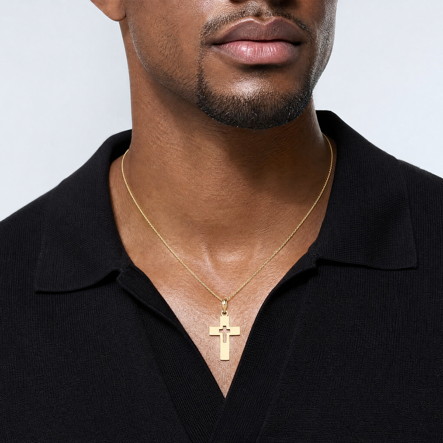 14K Polished Cut-Out Cross Charm - Model Shot