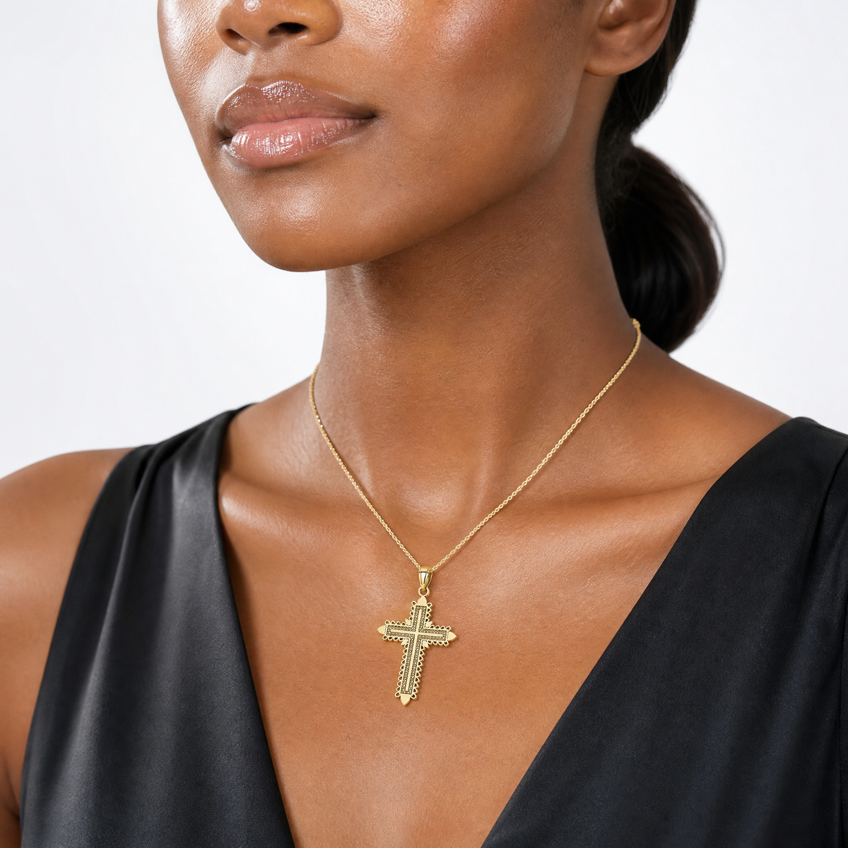14K w/ Lace Border Cross Charm - Model Shot
