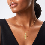 14K Textured Leaves On Edges Cross Charm - Model Shot