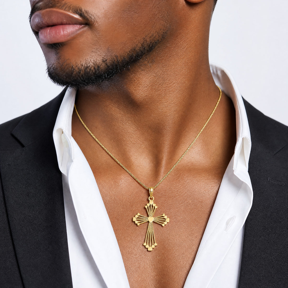 14K Cross w/ Heart Center Charm - Model Shot