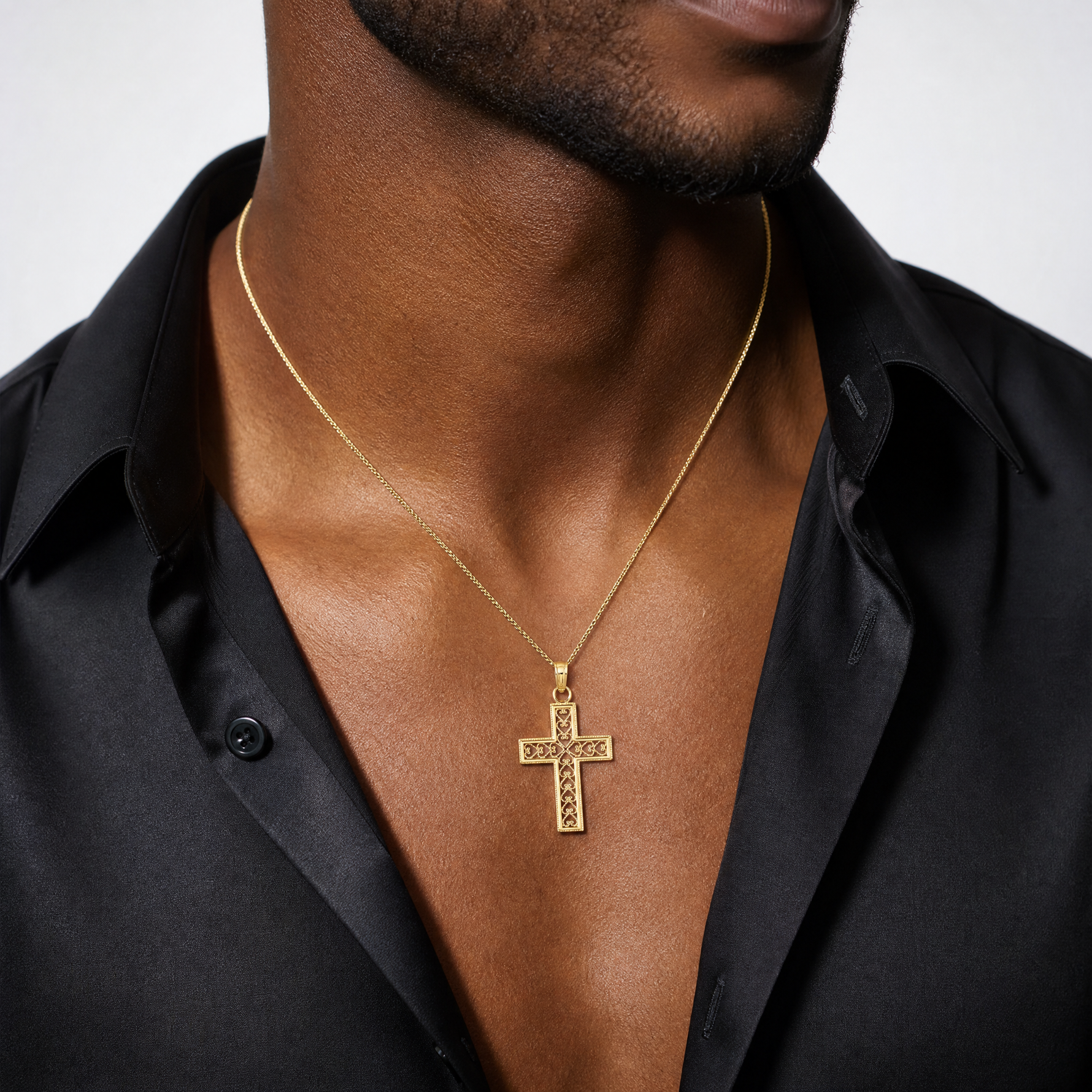 14K Filigree Beaded Outline Cross Charm - Model Shot
