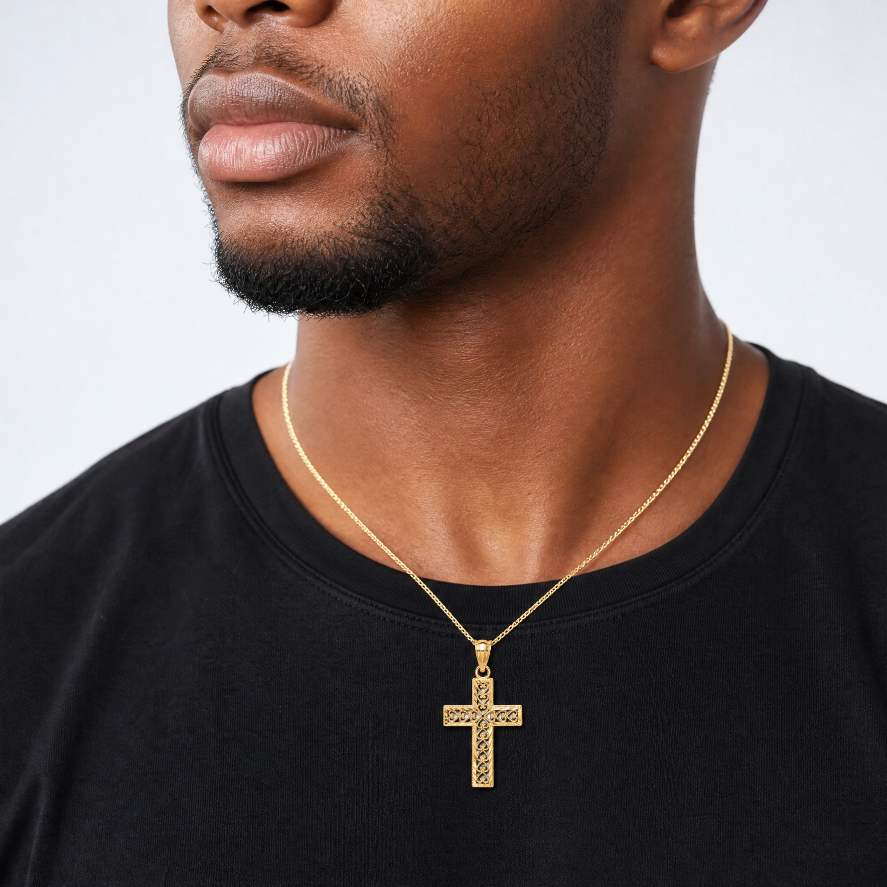 14K D/C Edge and Filigree Center Cross Charm - Model Shot