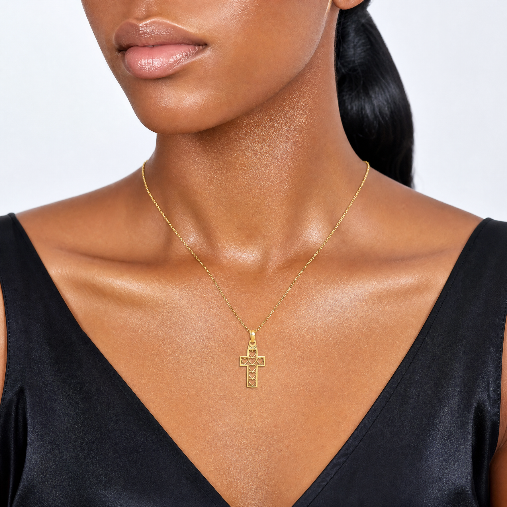 14K Cut-Out Heart Design Cross Charm - Model Shot