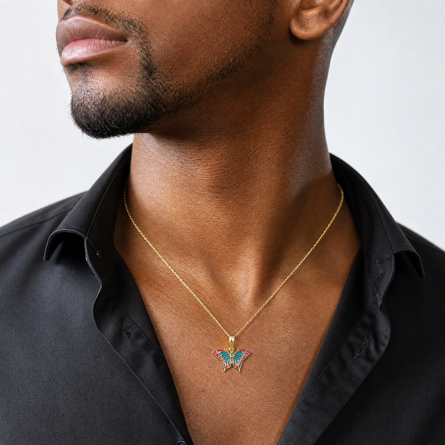 14K Small Enameled Blue and Red Butterfly Charm - Model Shot