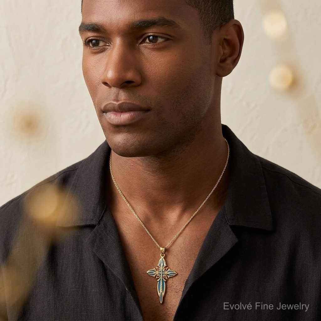 14K Blue and Red Enameled Cross Charm - Model Shot