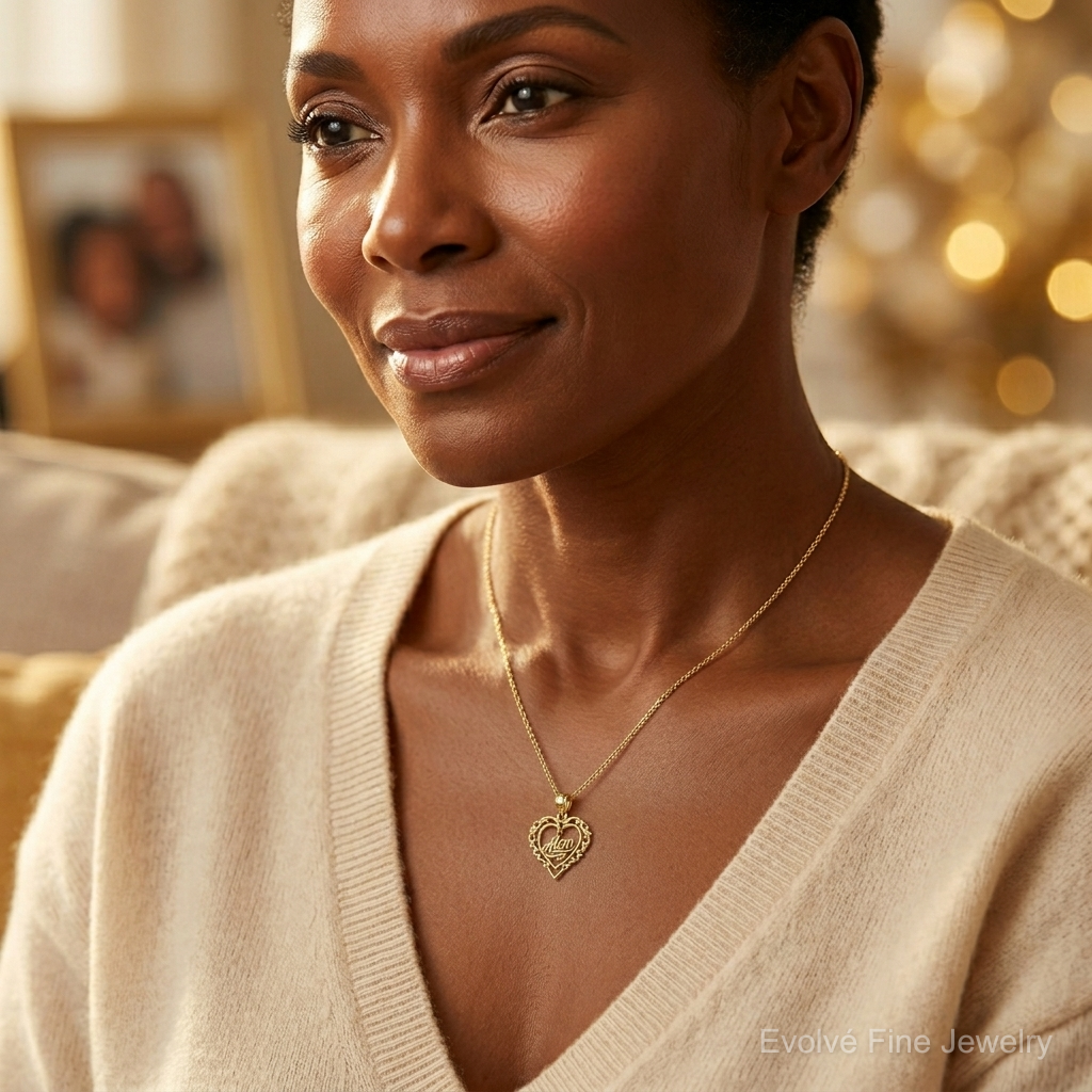 14K Polished MOM Dangle in Fancy Heart Pendant - Model Shot