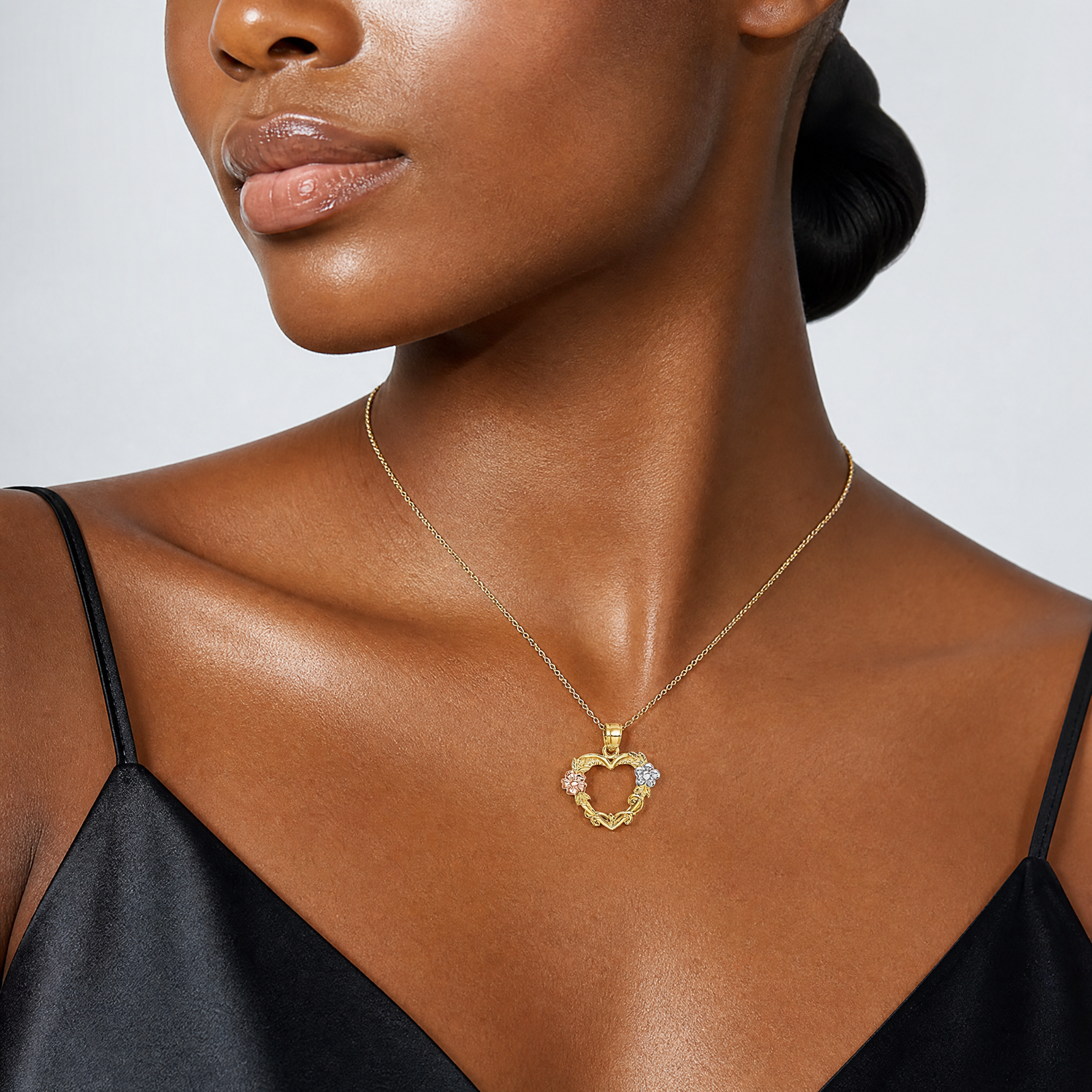 14k Two-tone with White Rhodium Flower In Heart Charm - Model Shot