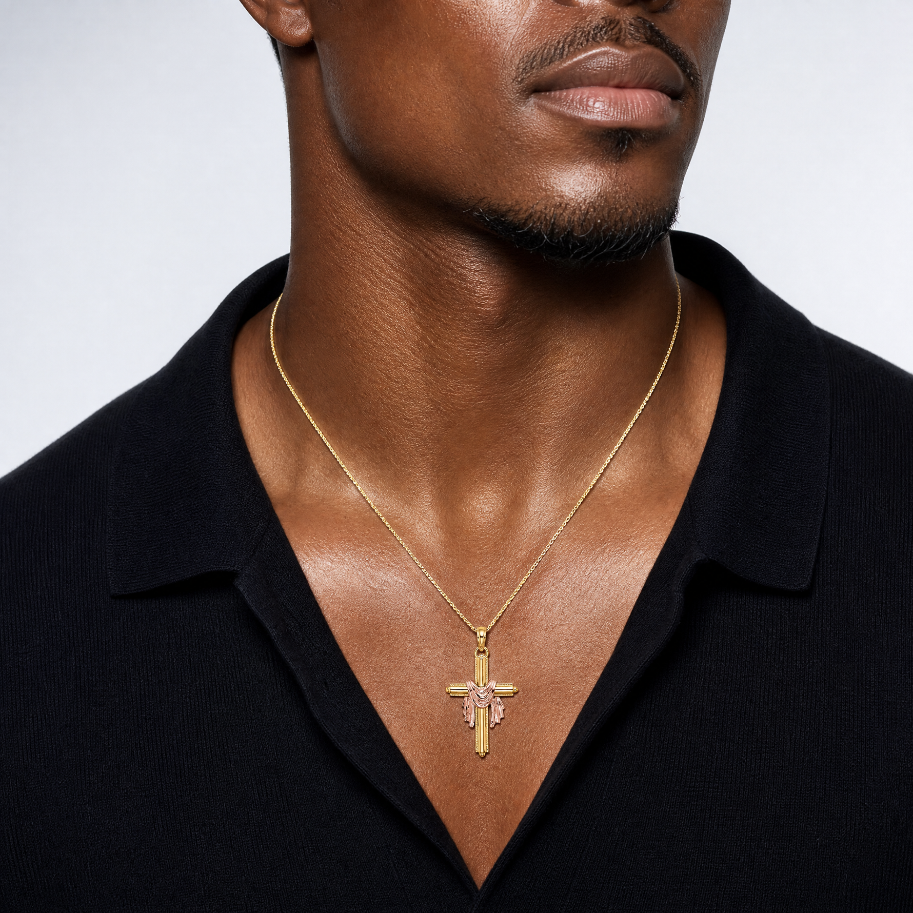 14K Two-Tone Cross w/ Drape Charm - Model Shot