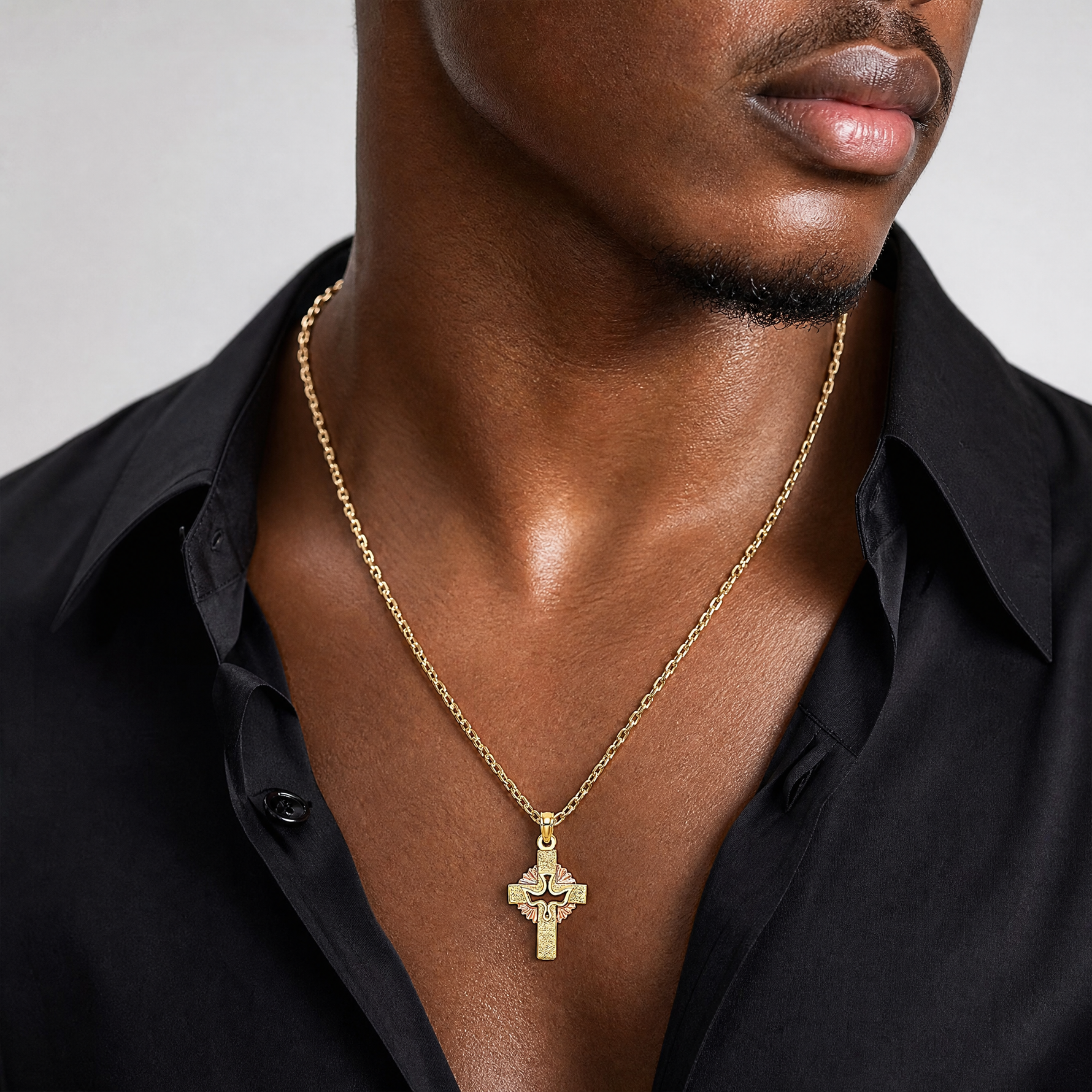 14K Two-Tone Cut-Out Dove On Cross Charm - Model Shot