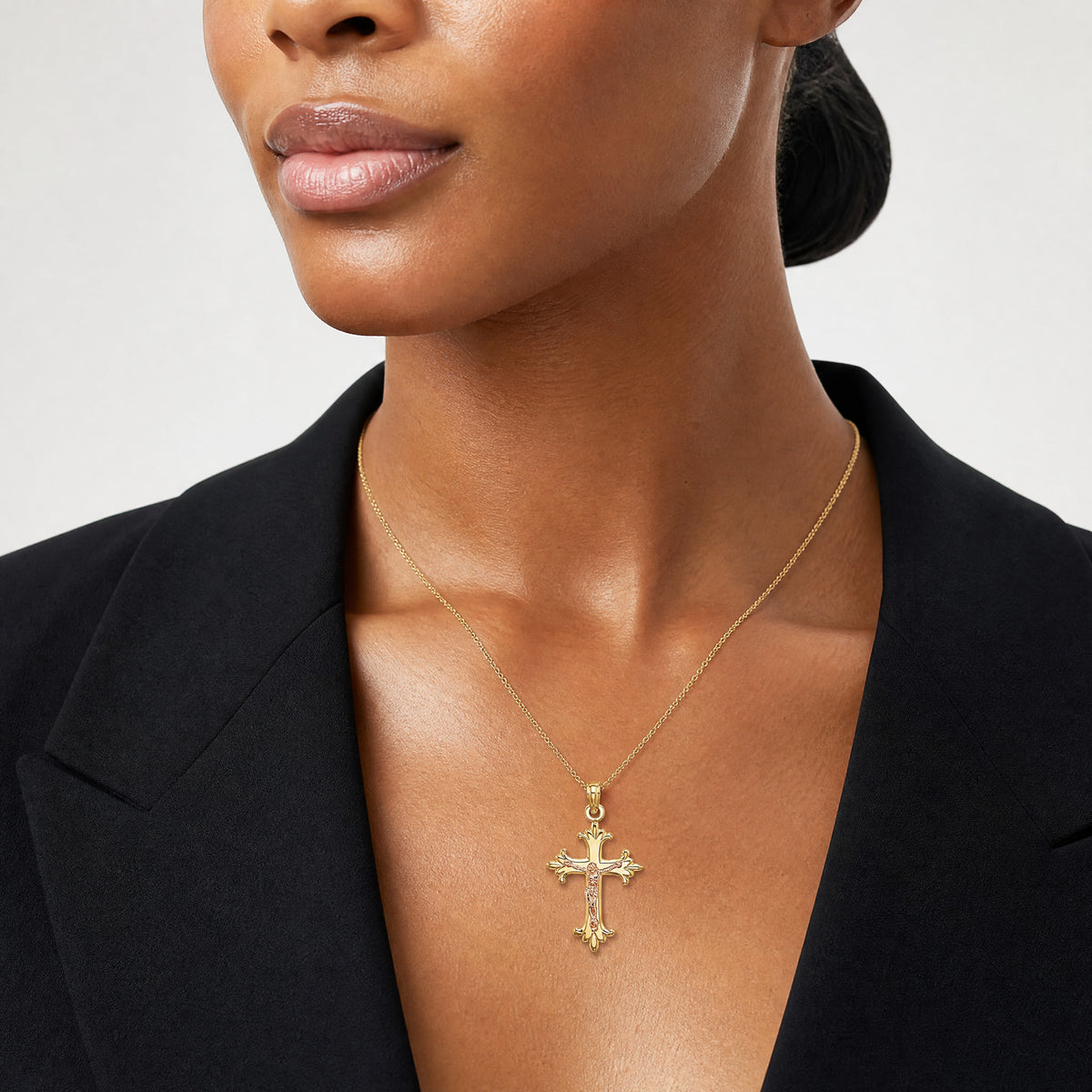 14K Two-Tone Crucifix Charm - Model Shot