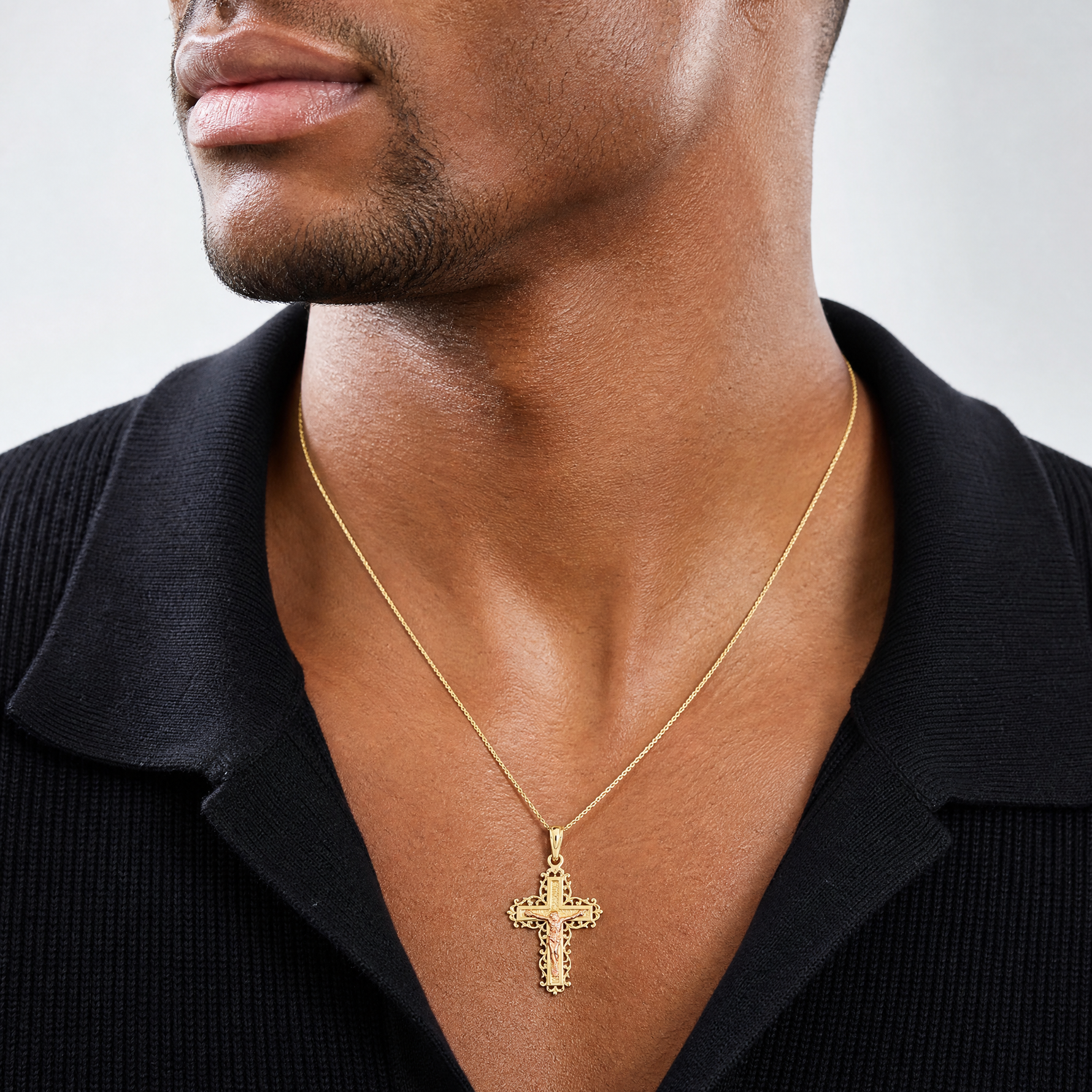 14K Two-Tone Crucifix W/ Lace Trim Charm - Model Shot
