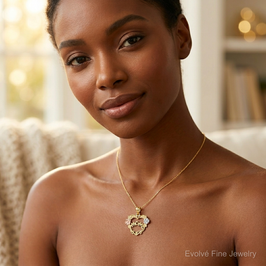 14k Two-tone w/White Rhodium MOM Heart w/Flower Charm - Model Shot