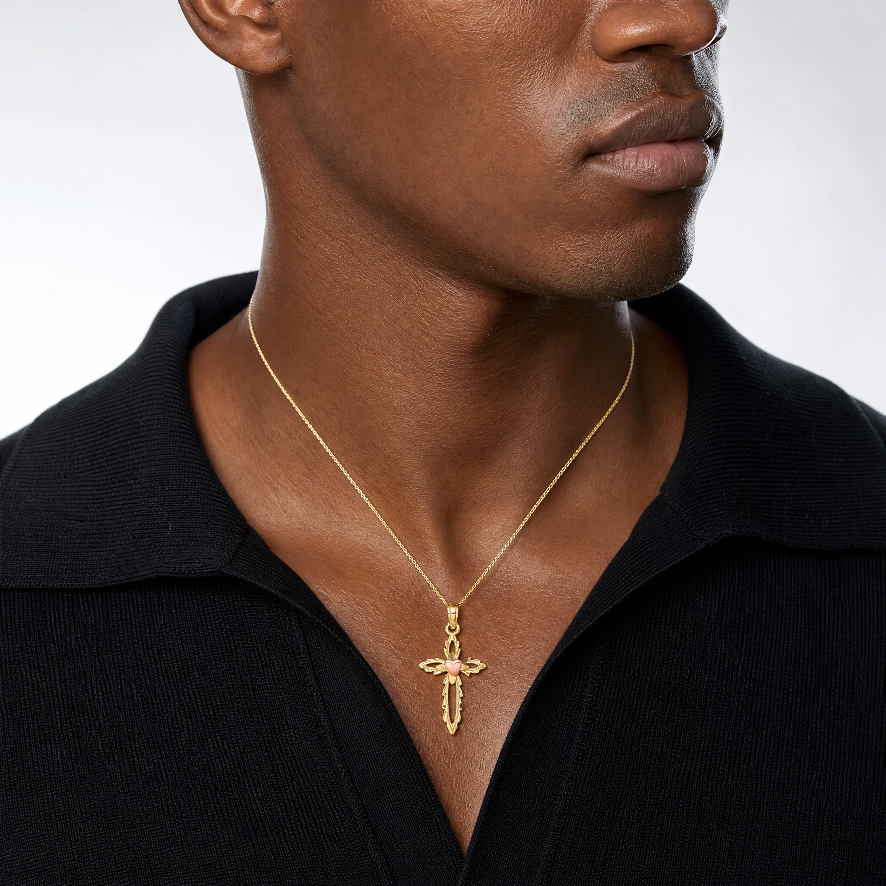 14k Two-Tone Cross w/ Heart Charm - Model Shot