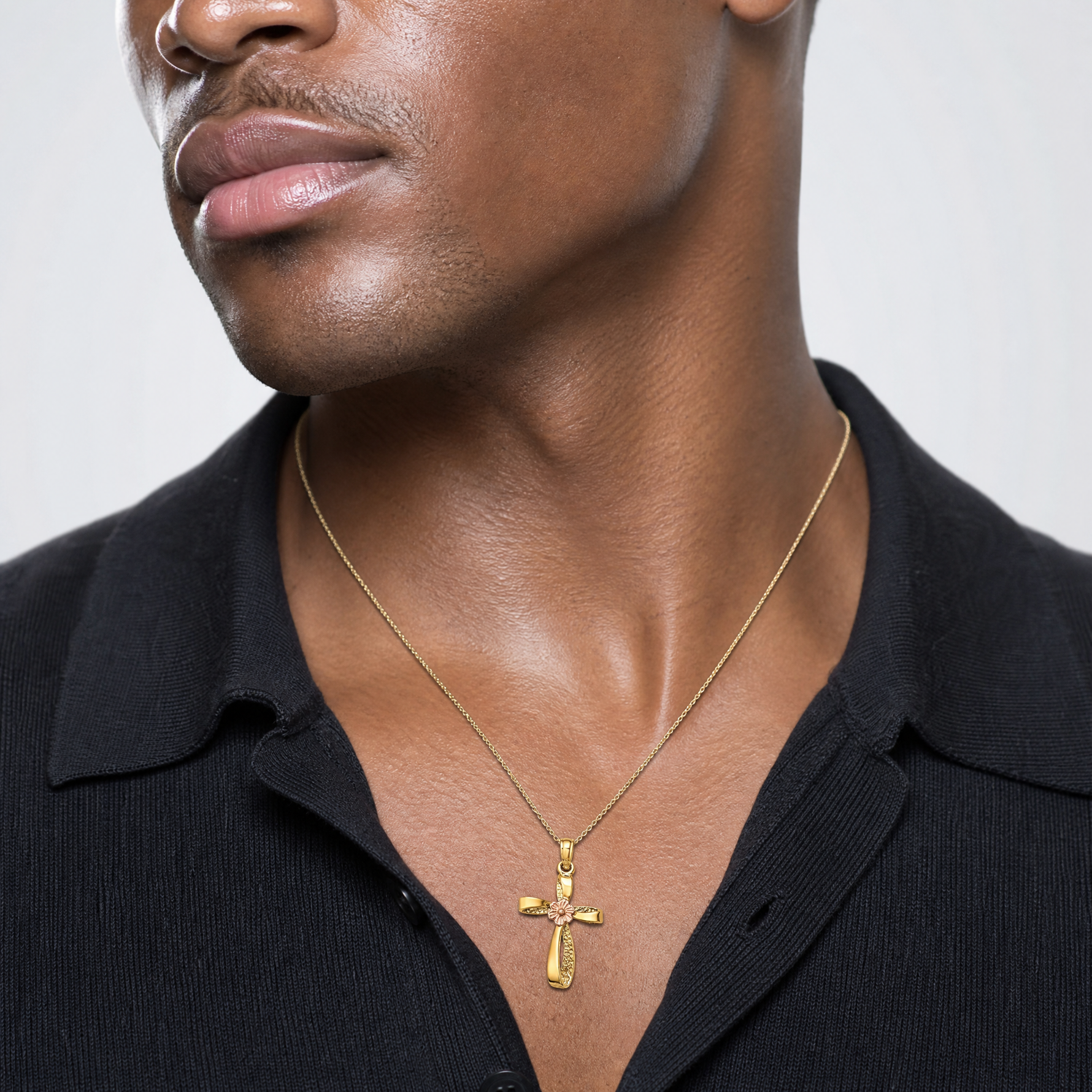 14k Two-Tone Twisted Cross w/ Flower Charm - Model Shot