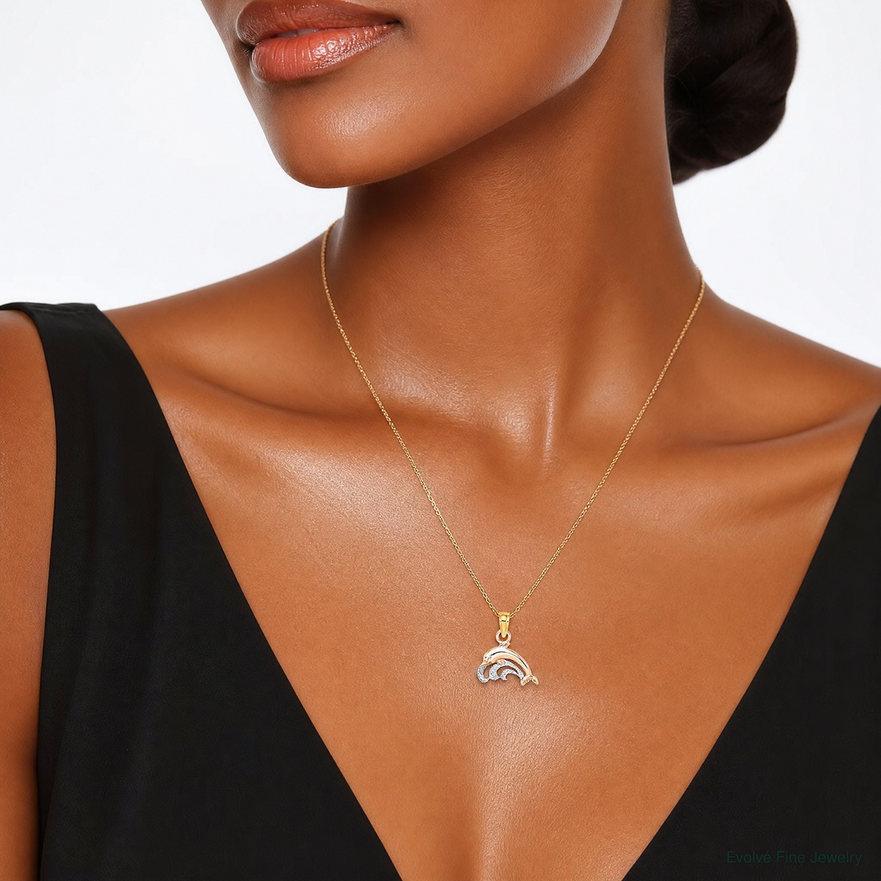 14K Two-Tone W/White Rhodium Dolphin and Wave Charm - Model Shot