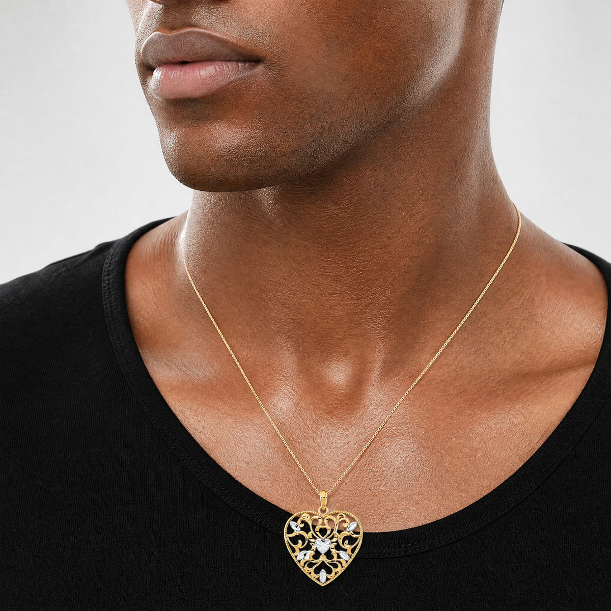 14k w/Rhodium Filigree Leaf Accent Heart Charm - Model Shot