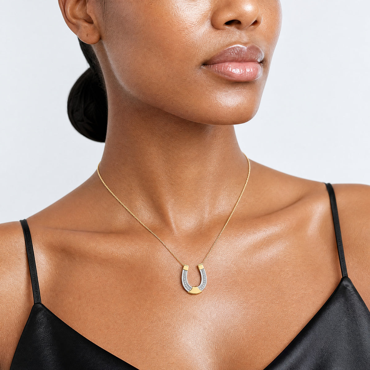 14k w/ Rhodium Horseshoe Chain Slide Charm - Model Shot