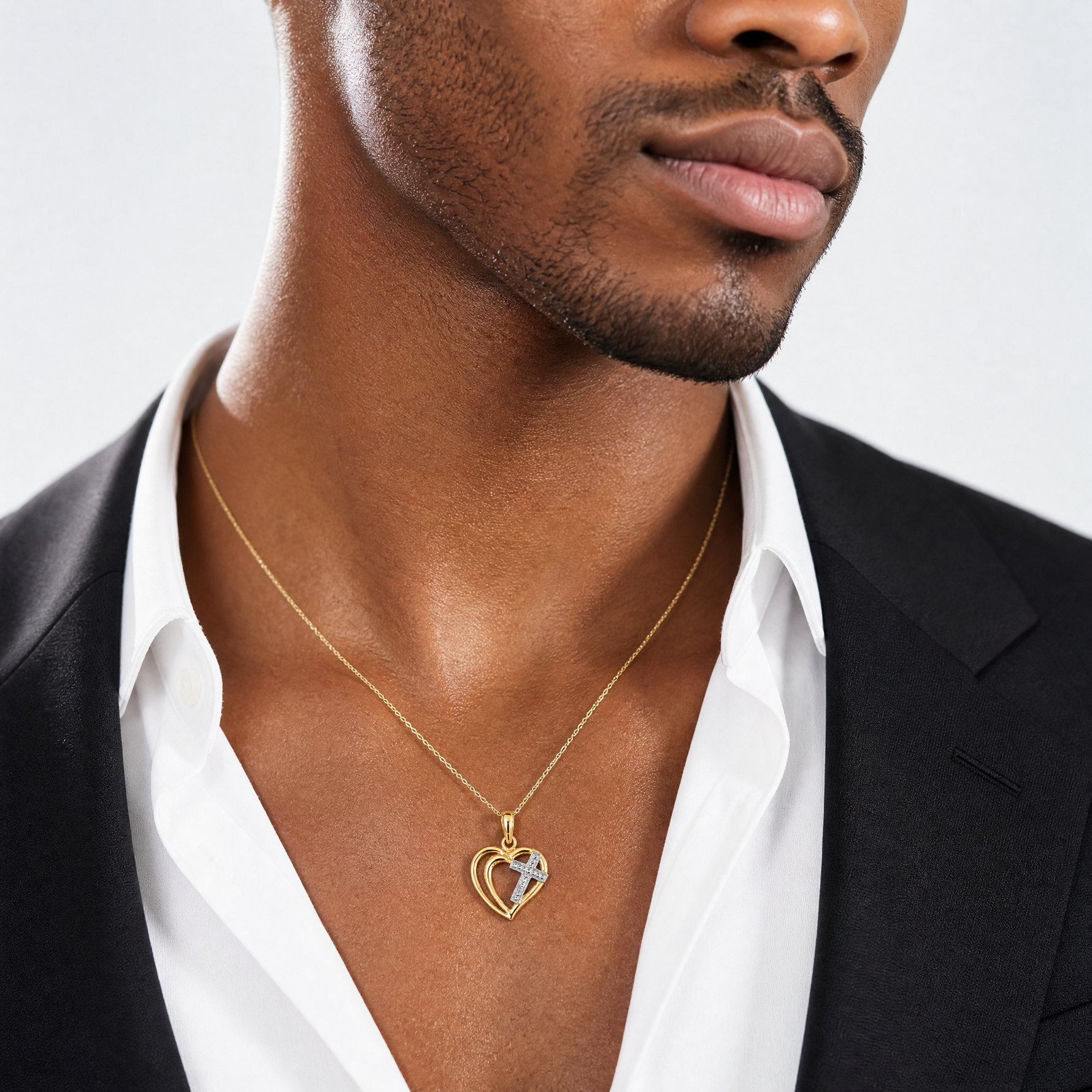 14K W/ Rhodium Cross In Heart Charm - Model Shot