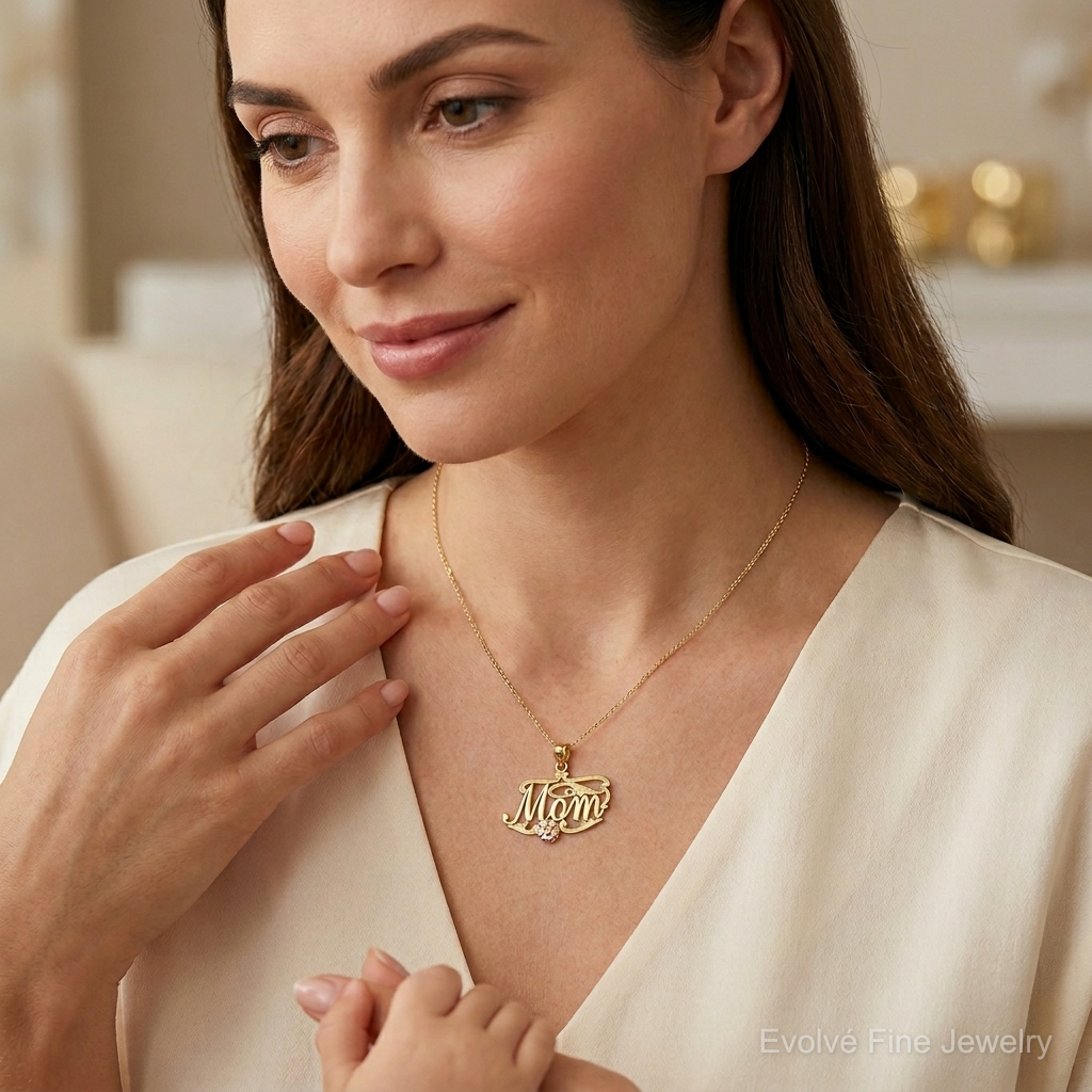 14k Two-Tone MOM Script w/ Flower Charm - Model Shot