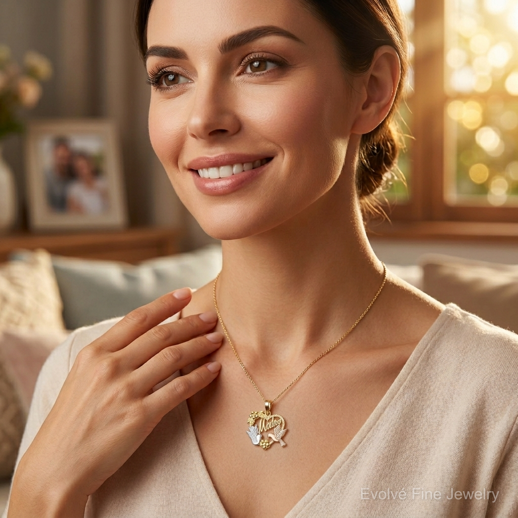 14k Two-tone w/White Rhodium MADRE Heart w/Doves Charm - Model Shot