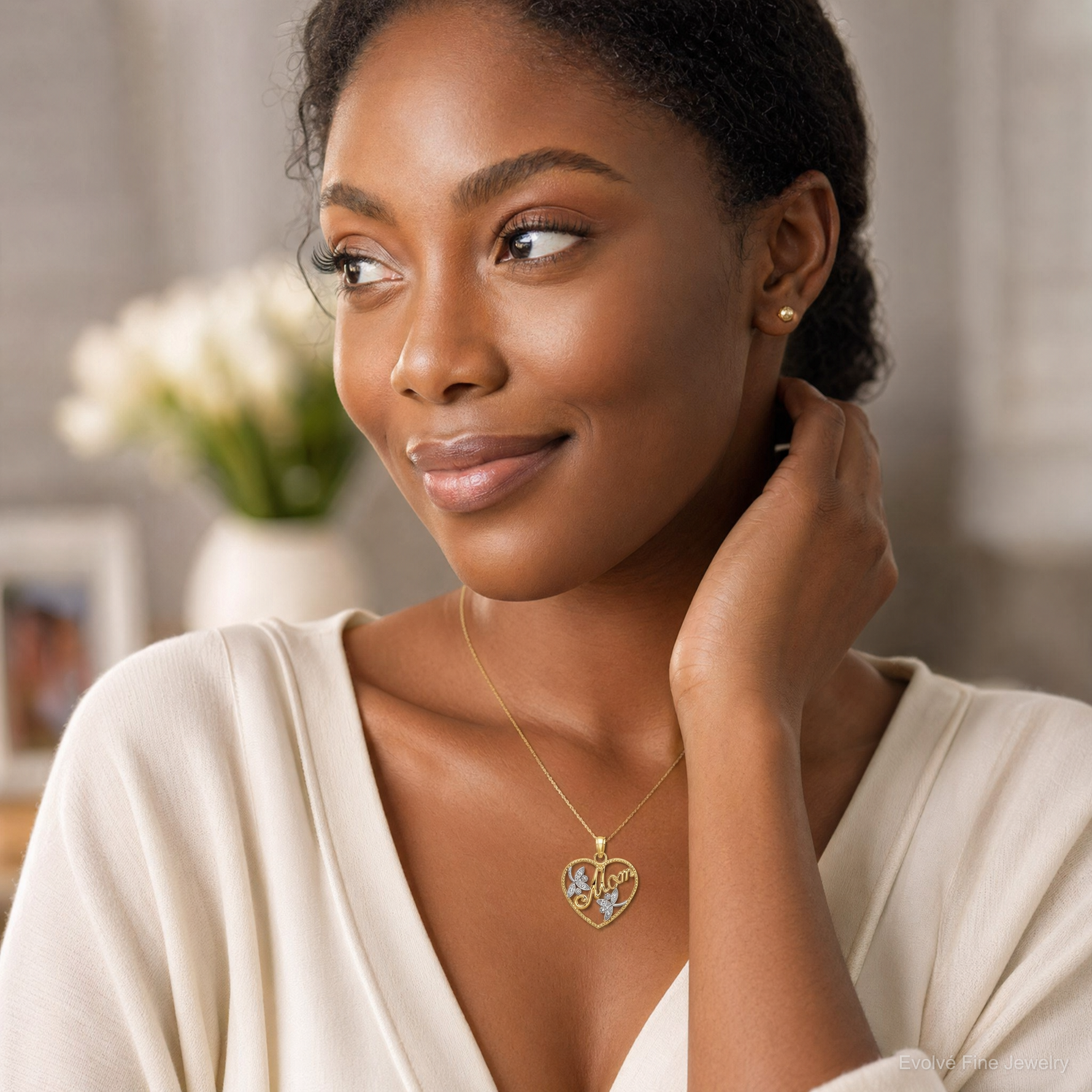 14k w/ Rhodium Textured Heart w/ MOM Charm - Model Shot