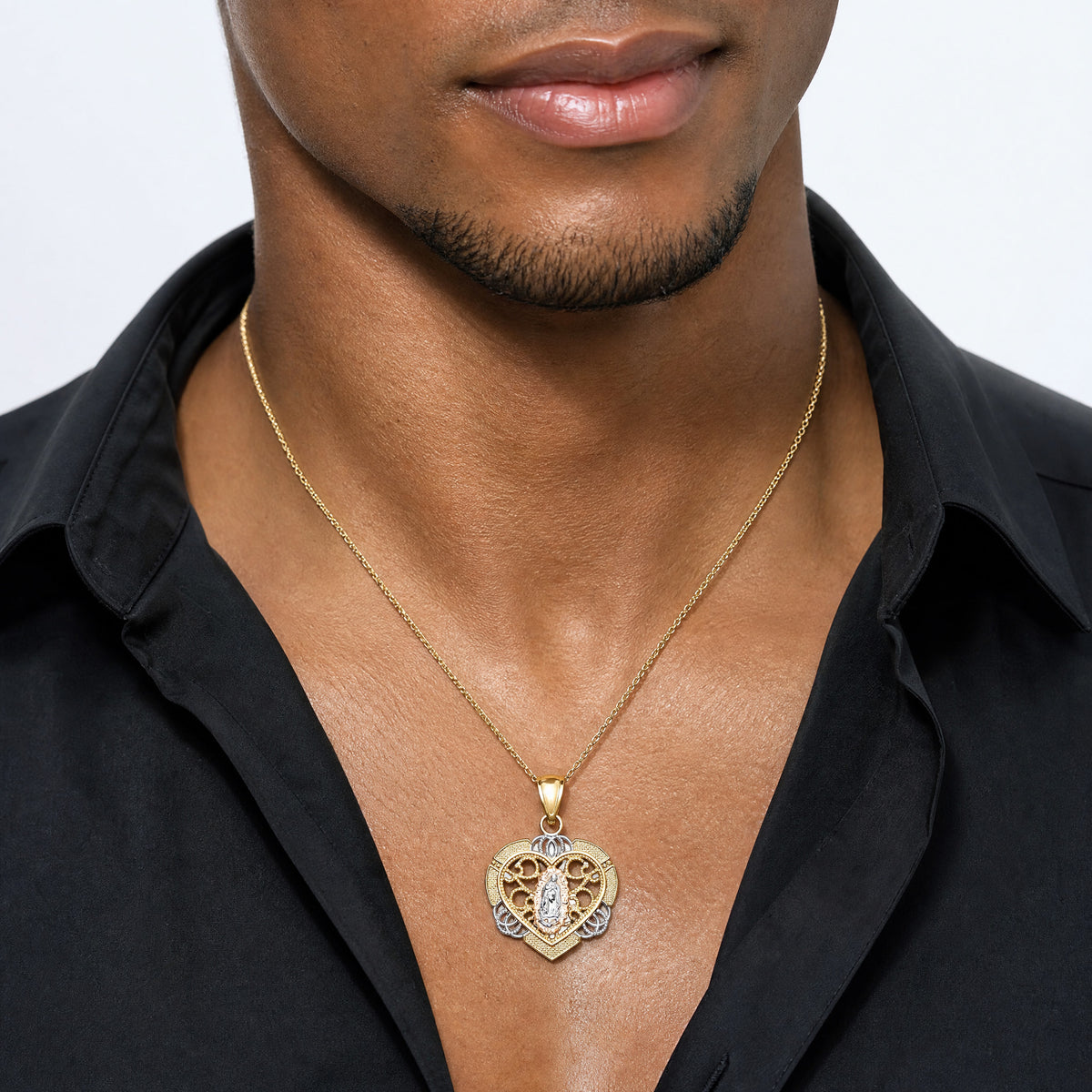 14KTwo-tone w/White Rhodium Guadalupe In Heart Charm - Model Shot