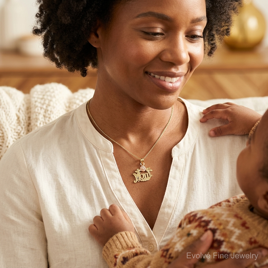 14k Two-Tone Textured Scroll w/ Flower MOM Charm - Model Shot