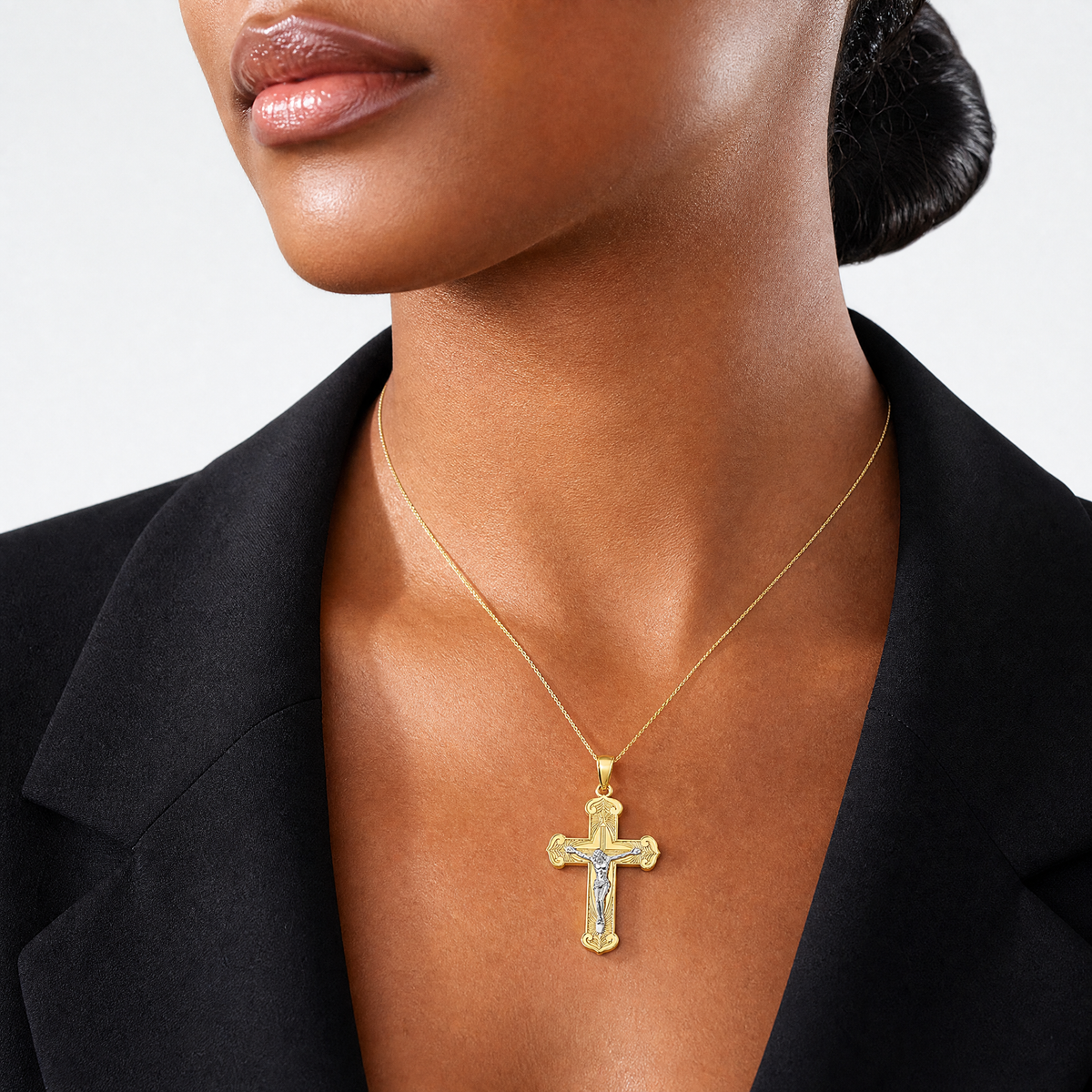 14K Two-tone Engraved Crucifix Charm - Model Shot