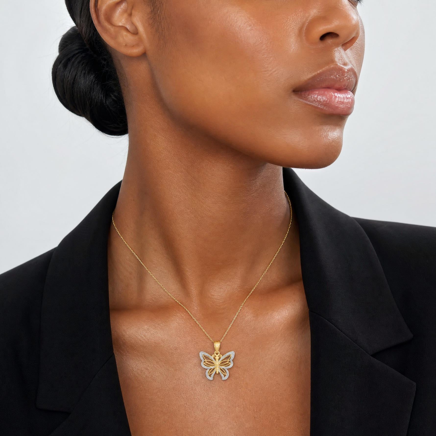 14k w/Rhodium Butterfly w/ White Beaded Wings Charm - Model Shot