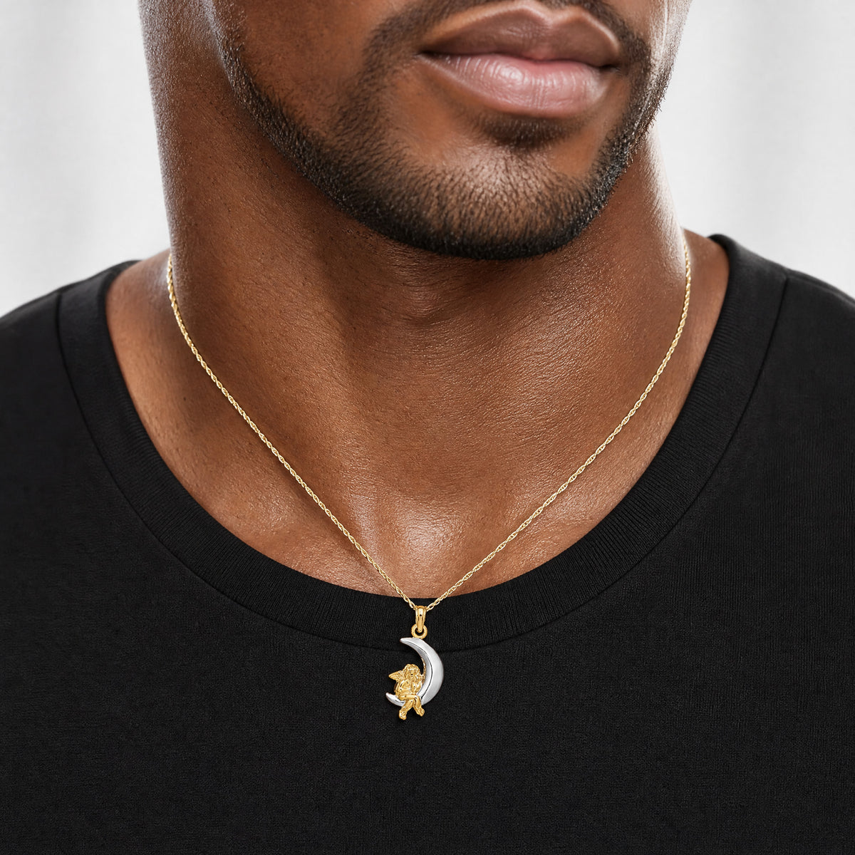 14K w/Rhodium 3-D Angel on Moon Charm - Model Shot