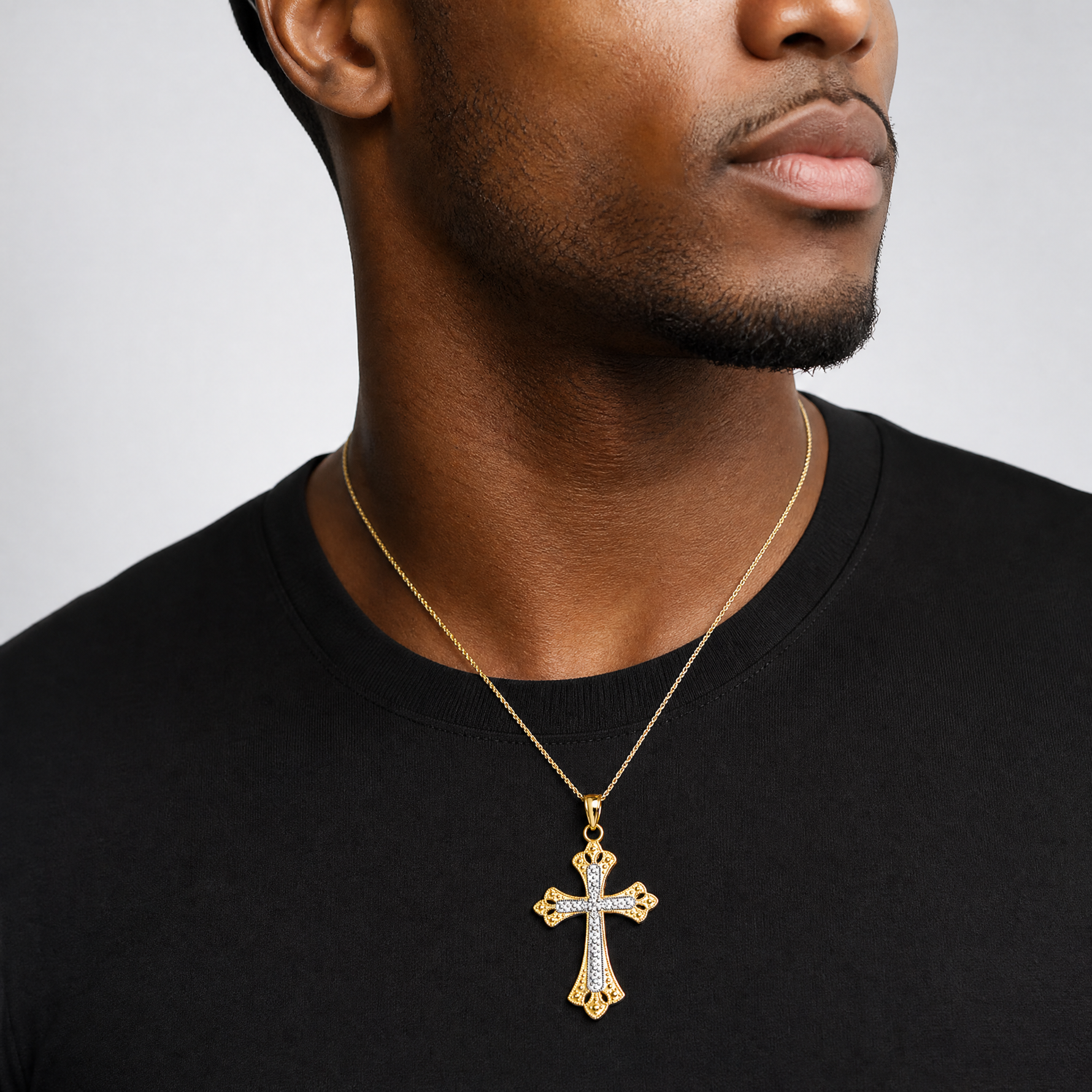 14K W/ Rhodium Scalloped Edges Cross Charm - Model Shot