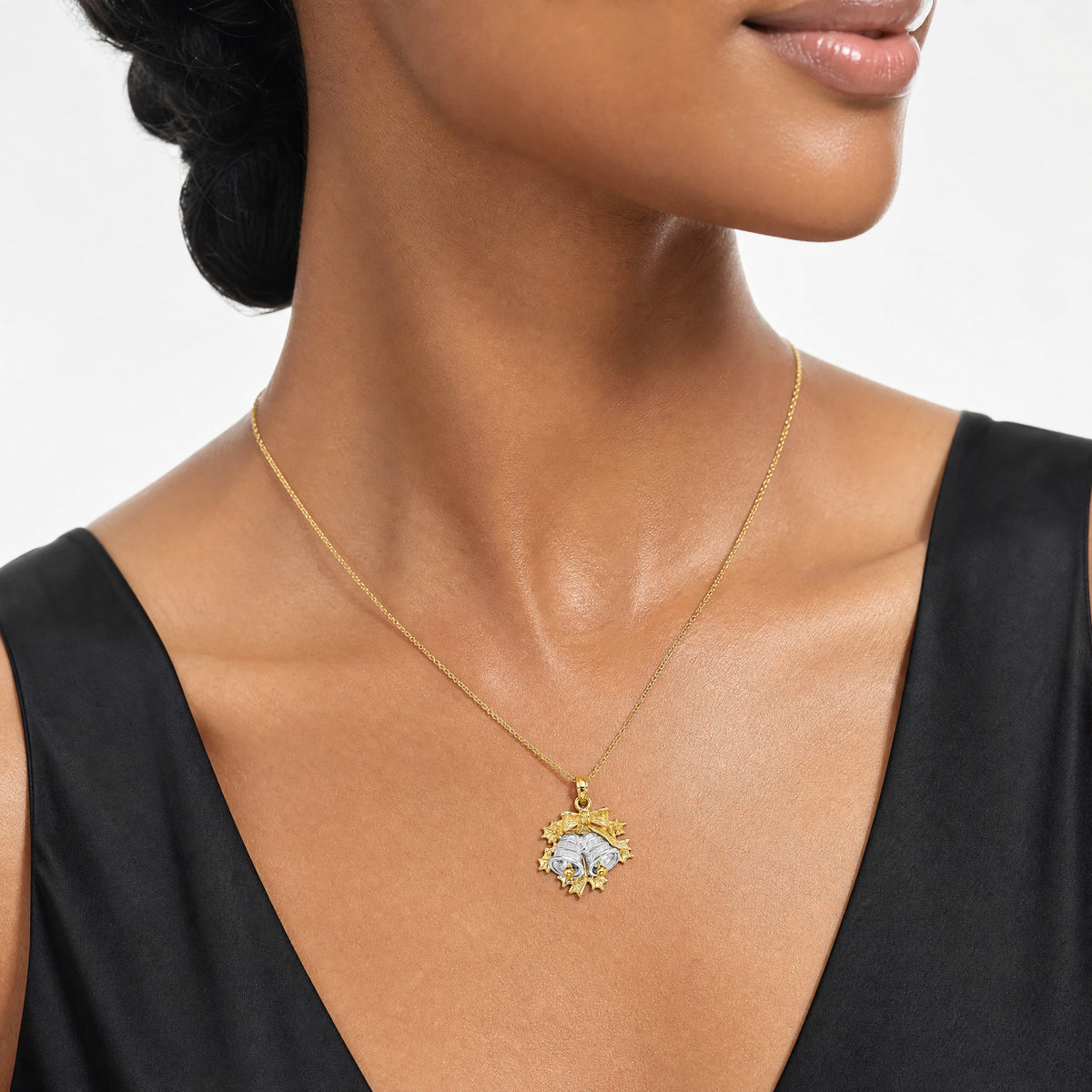 14k Two-Tone 3-D Christmas Bell and Holly Charm - Model Shot