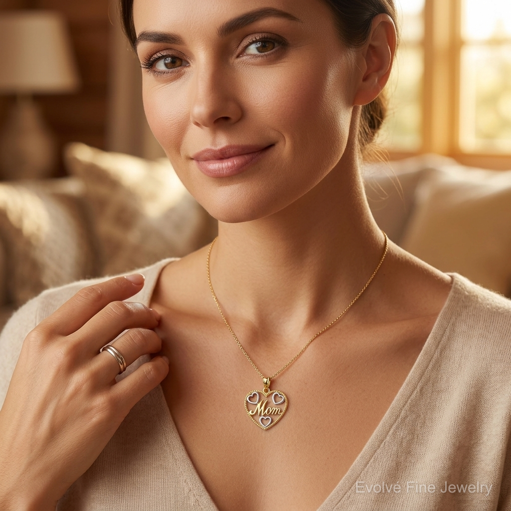 14k with White Rhodium Textured MOM Heart Charm - Model Shot